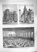 Old Antique Print 1888 Gymnasium Long-Acre Bank England Fleet Hampstead 19th