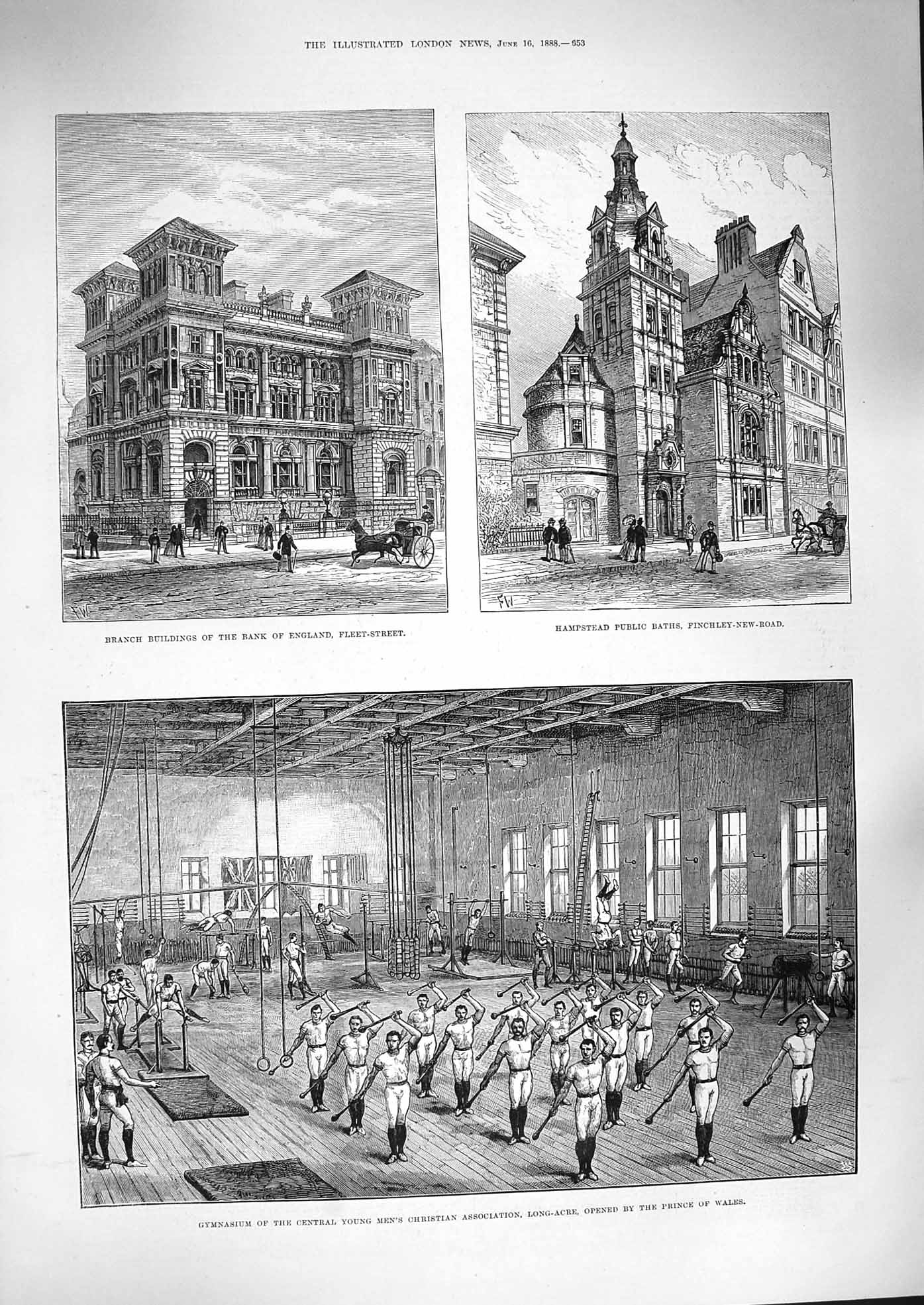 Old Antique Print 1888 Gymnasium Long-Acre Bank England Fleet Hampstead 19th