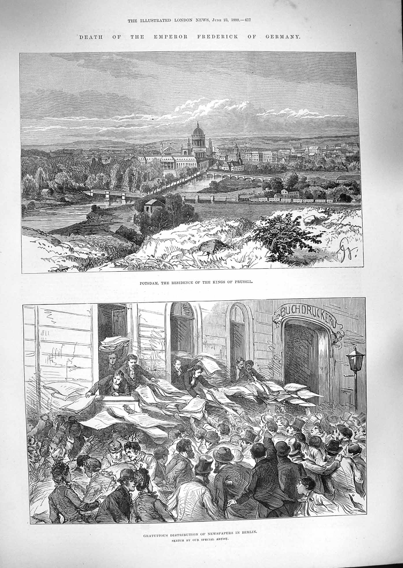 Original Old Antique Print 1888 Death Emperor Frederick Germany Potsdam Palace