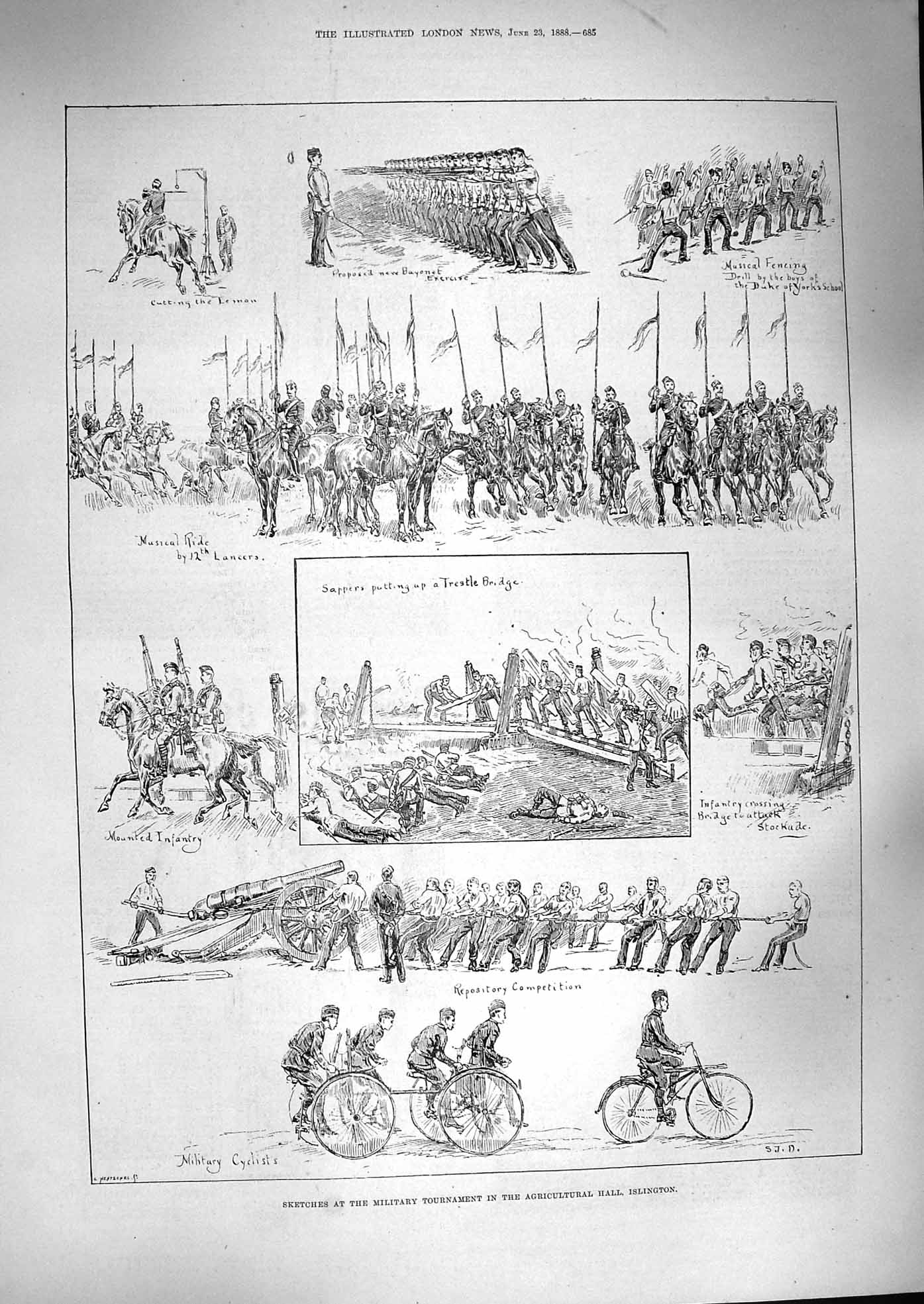 Antique Old Print *3385 1888 Military Tournament Agricultural Hall Islington