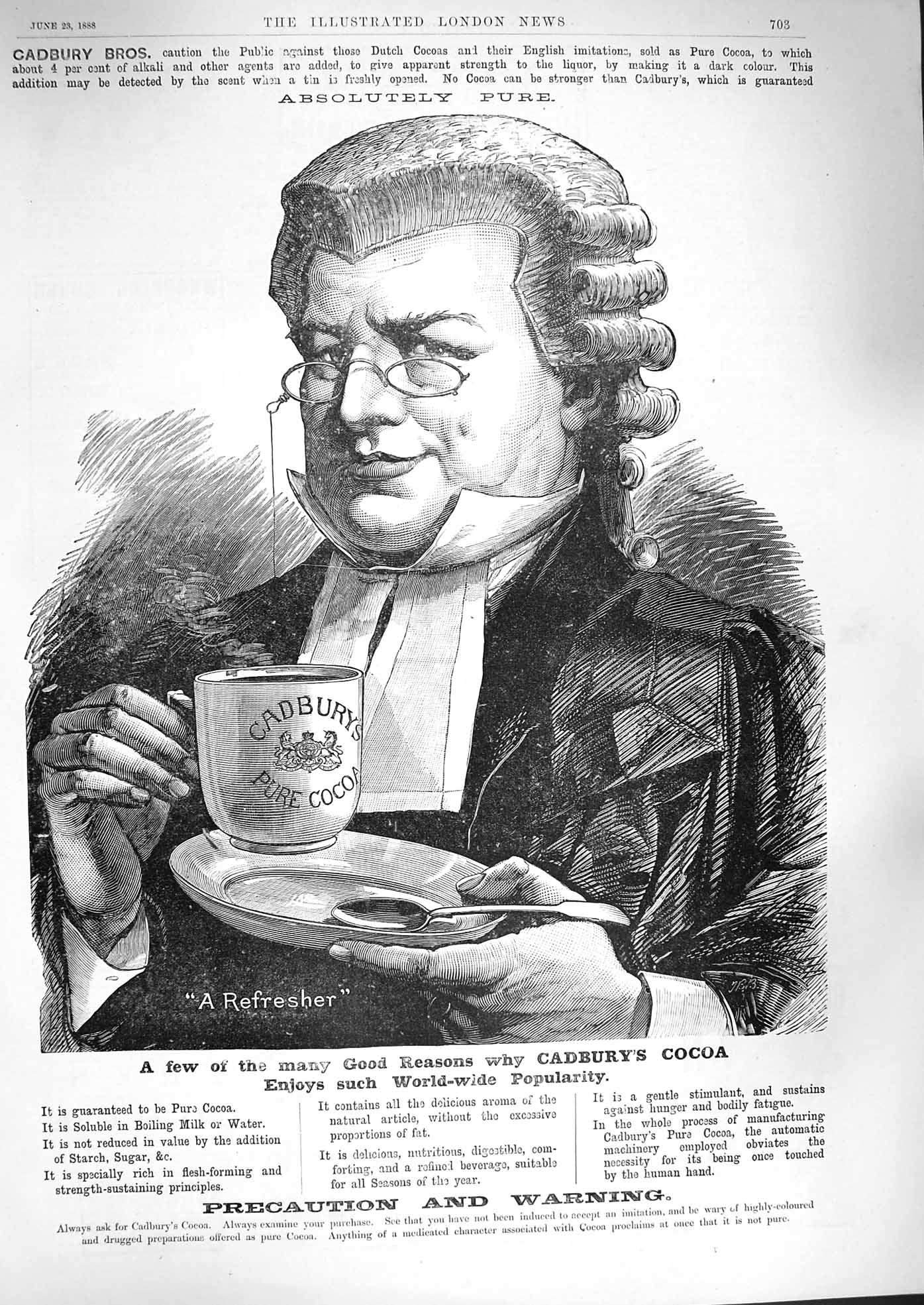 Antique Old Print *3379 1888 Advertisement Cadbury'S Cocoa Drinking Chocolate