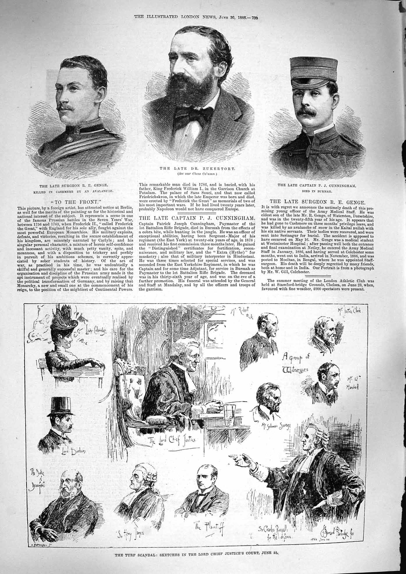 Original Old Antique Print 1888 Turf Scandal Justice Court Cunningham Zukertort