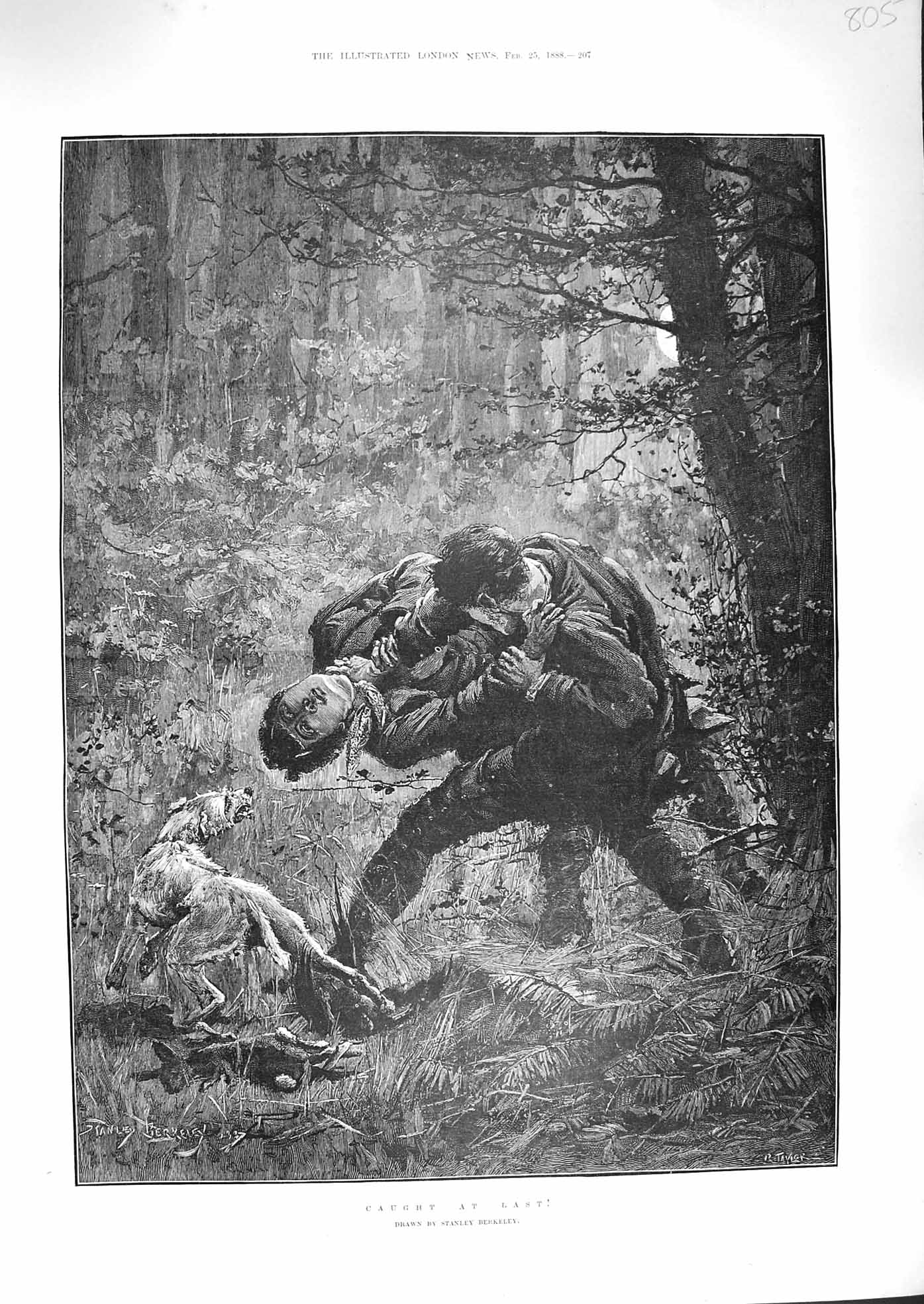 Original Old Antique Print 1888 Caught At Last Men Fighting Forest Dog Fine Art