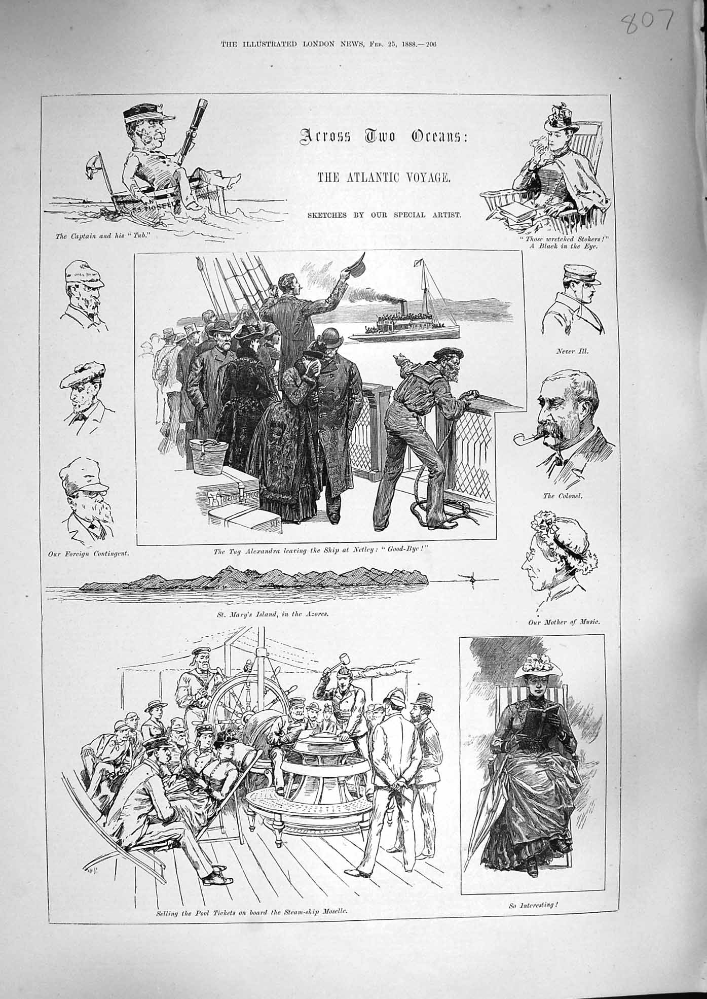 Original Old Antique Print 1888 Atlantic Voyage Ship Passengers Netley Moselle