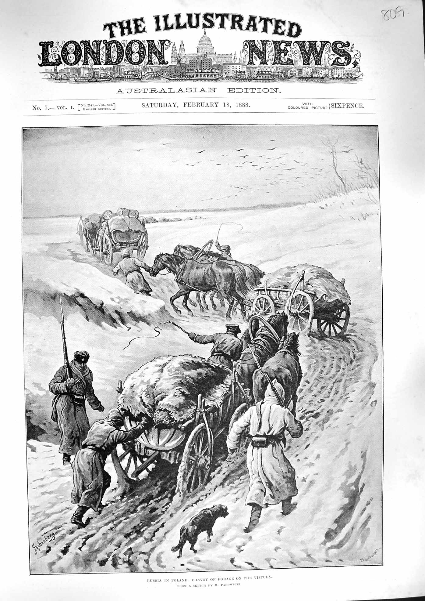 Original Old Antique Print 1888 Russia Poland Convoy Forage Vistula Siers 19th