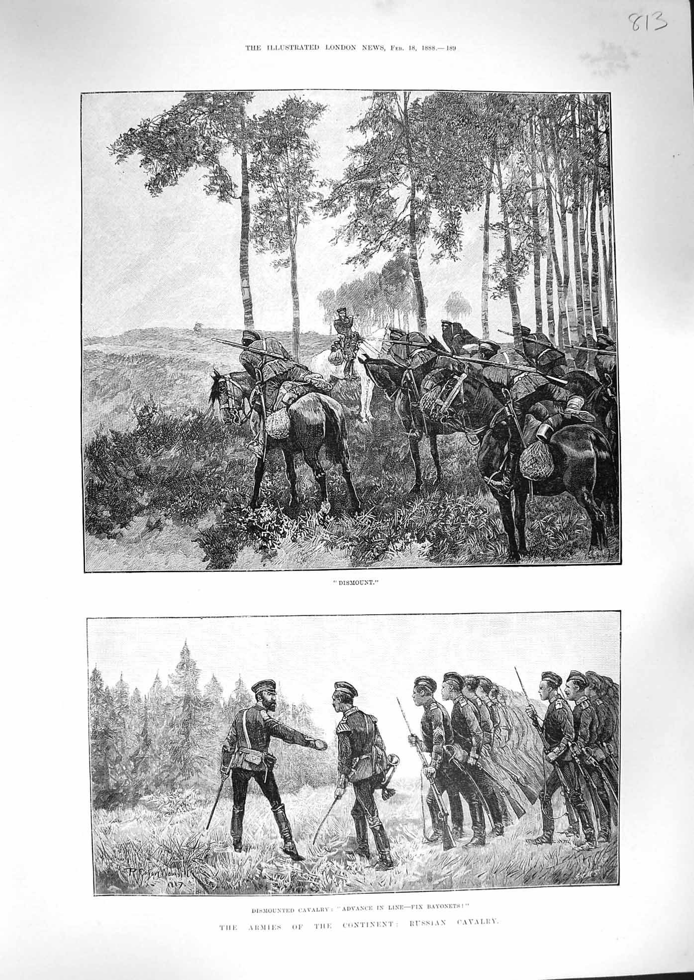 Original Old Antique Print 1888 Russia Cavalry Army Bayonets Weapons War Siers