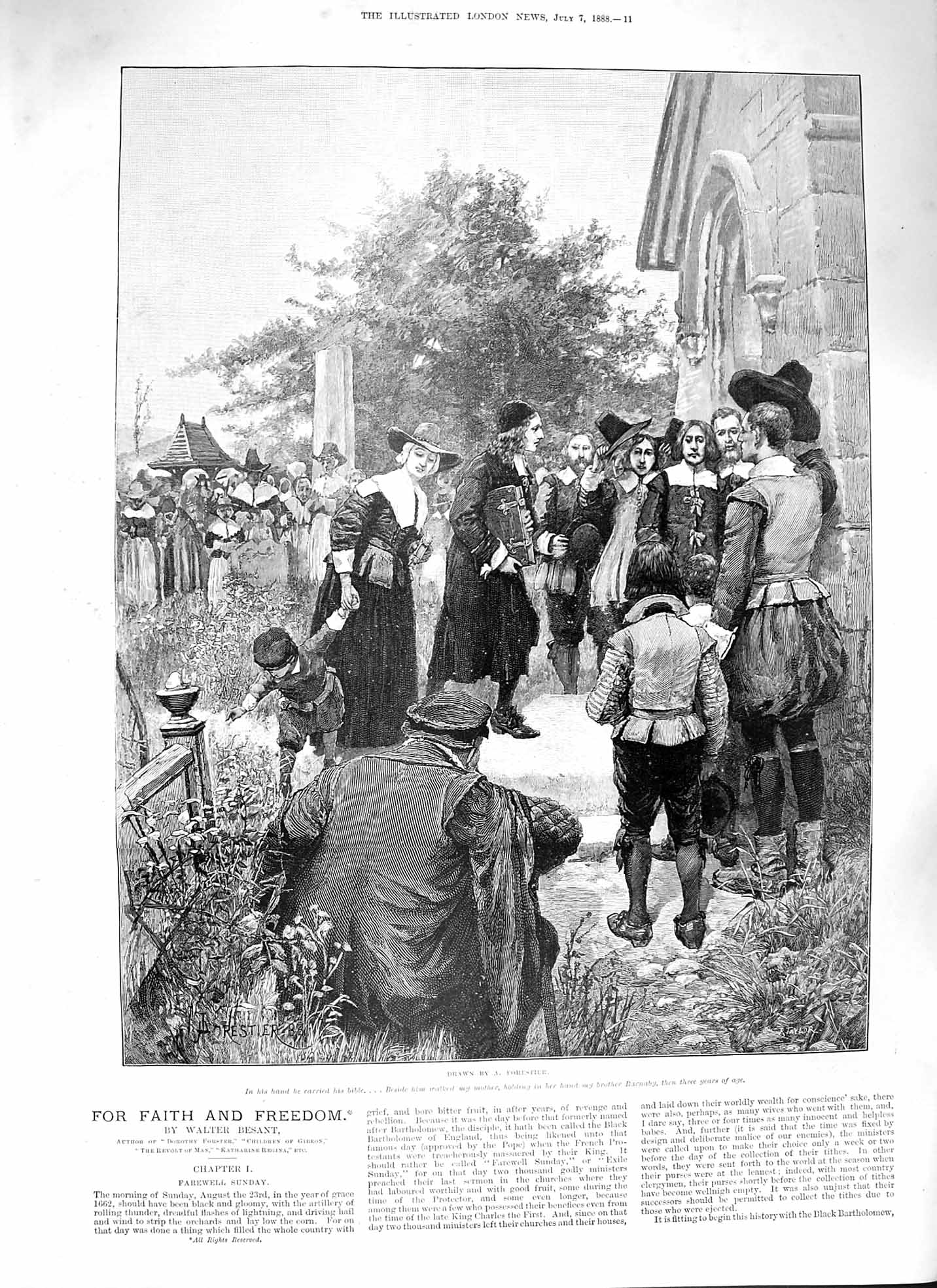Original Old Antique Print 1888 Church Bible People Barnaby Parisheners Besant