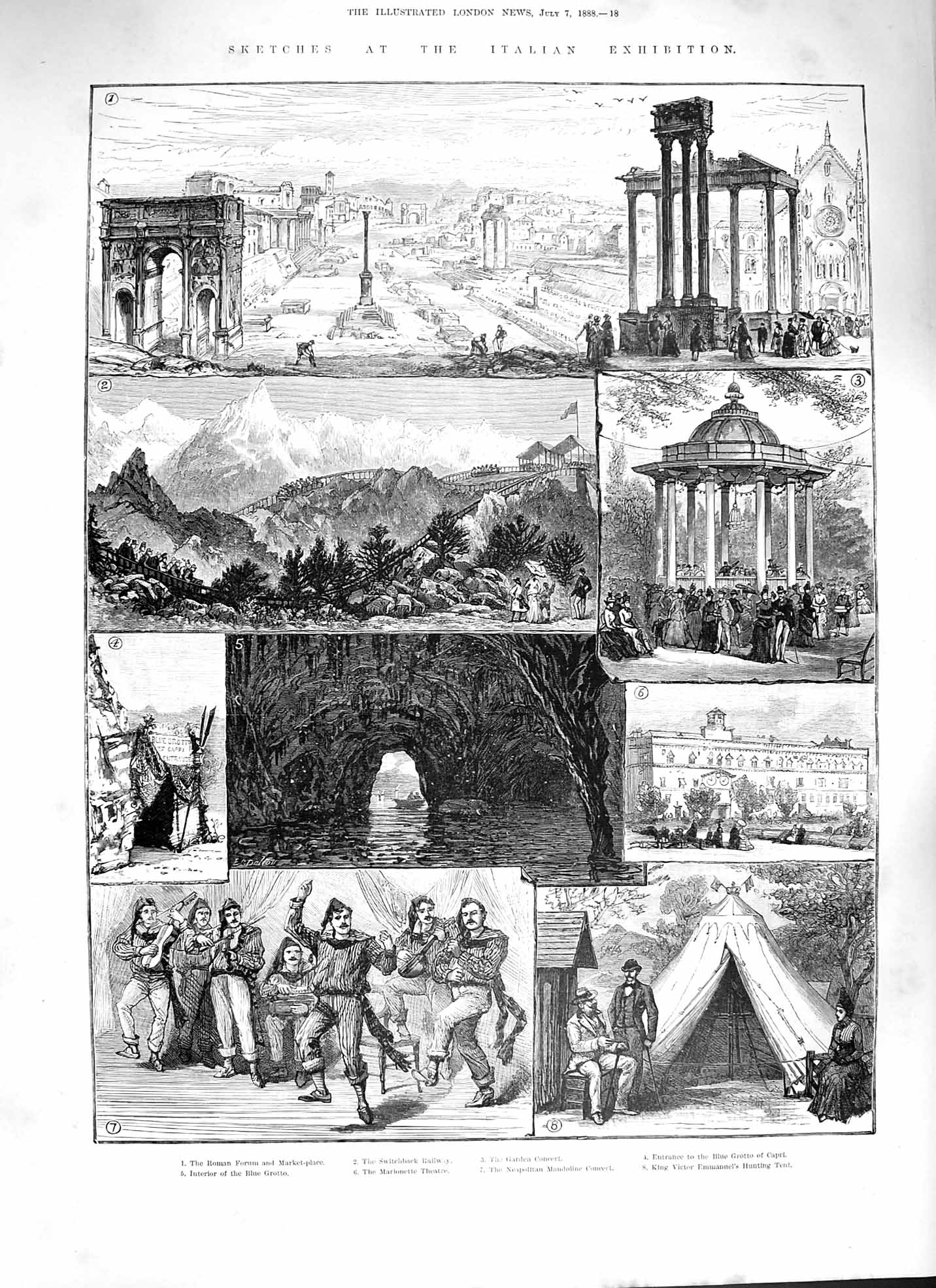 Old Antique Print 1888 Italian Exhibition Roman Forum Theatre Blur Grotto 19th