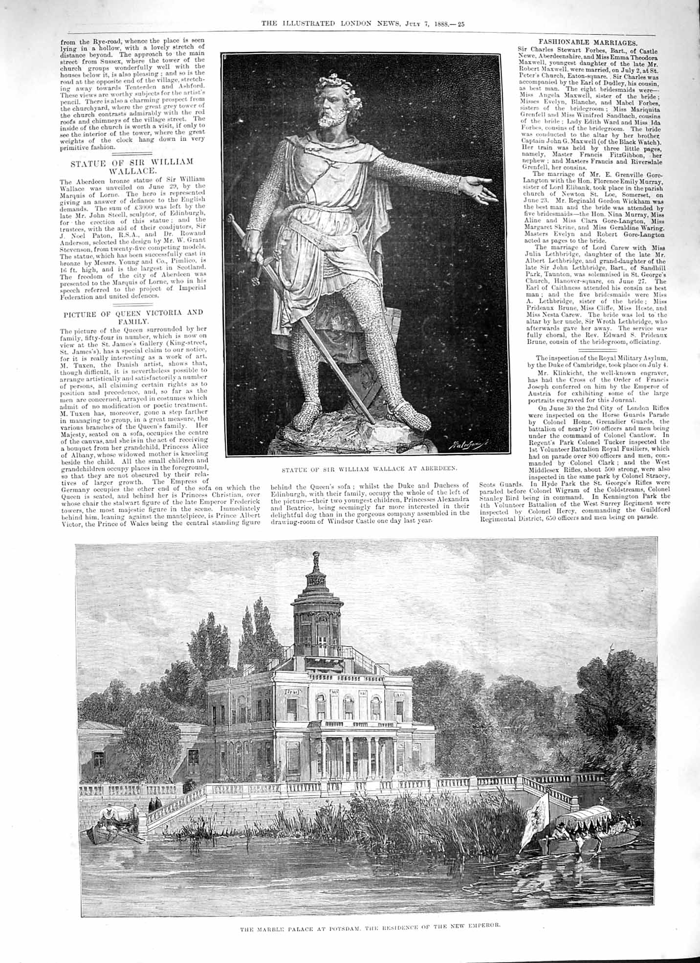 Original Old Antique Print 1888 Statue William Wallace Marble Palace Potsdam