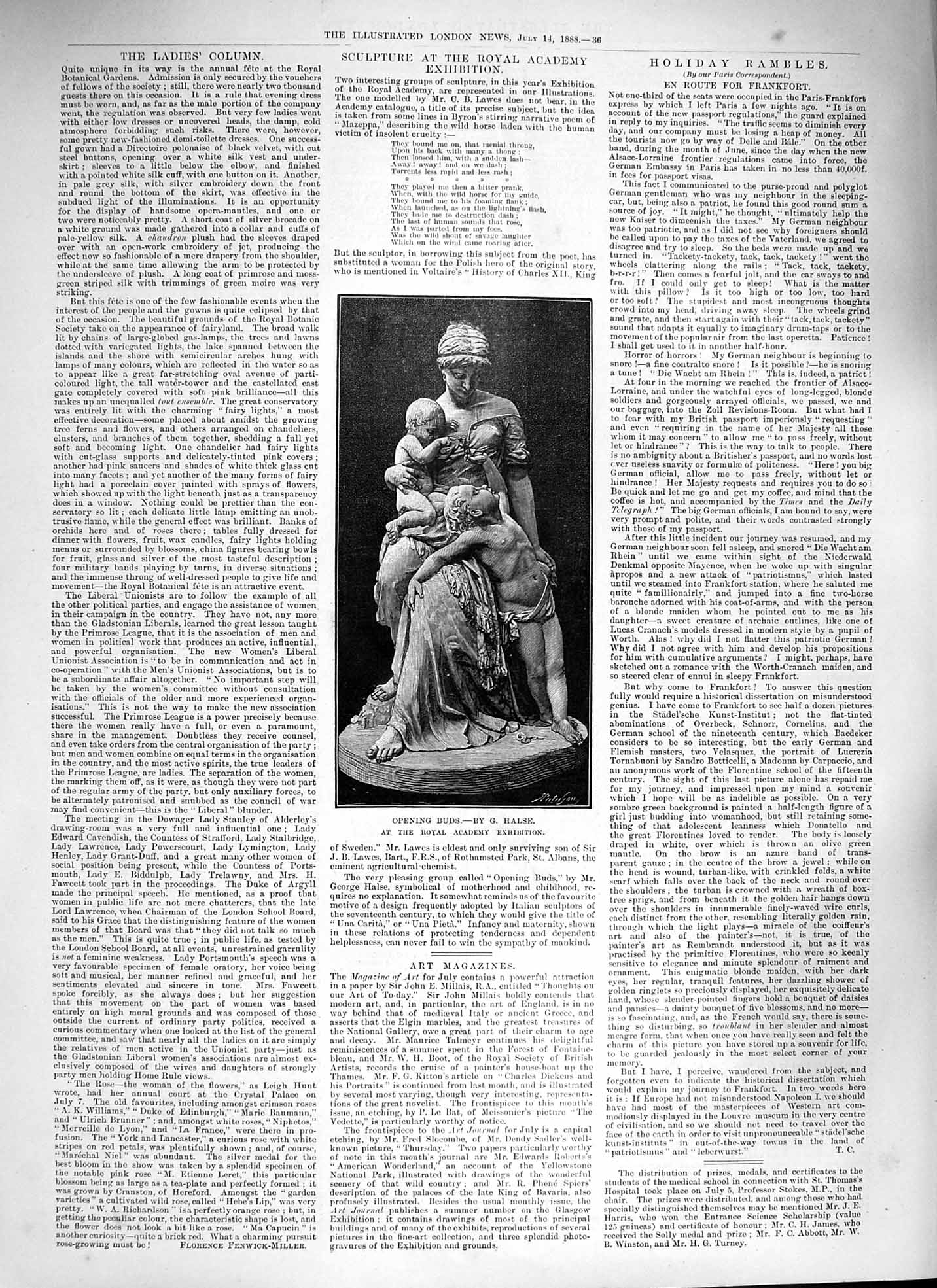 Original Old Antique Print 1888 Royal Academy Exhibition Statue Opening Buds