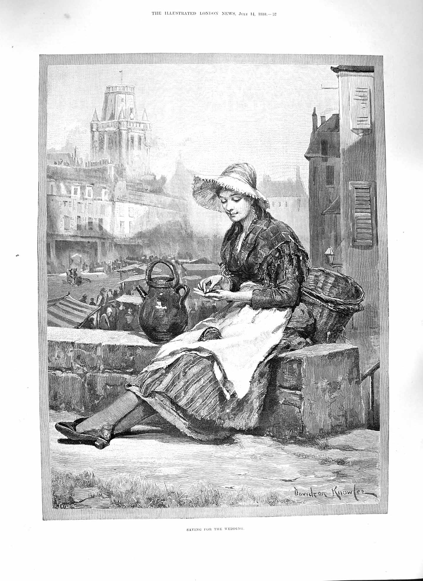 Original Old Antique Print 1888 Young Woman Counting Money Saving Wedding 19th