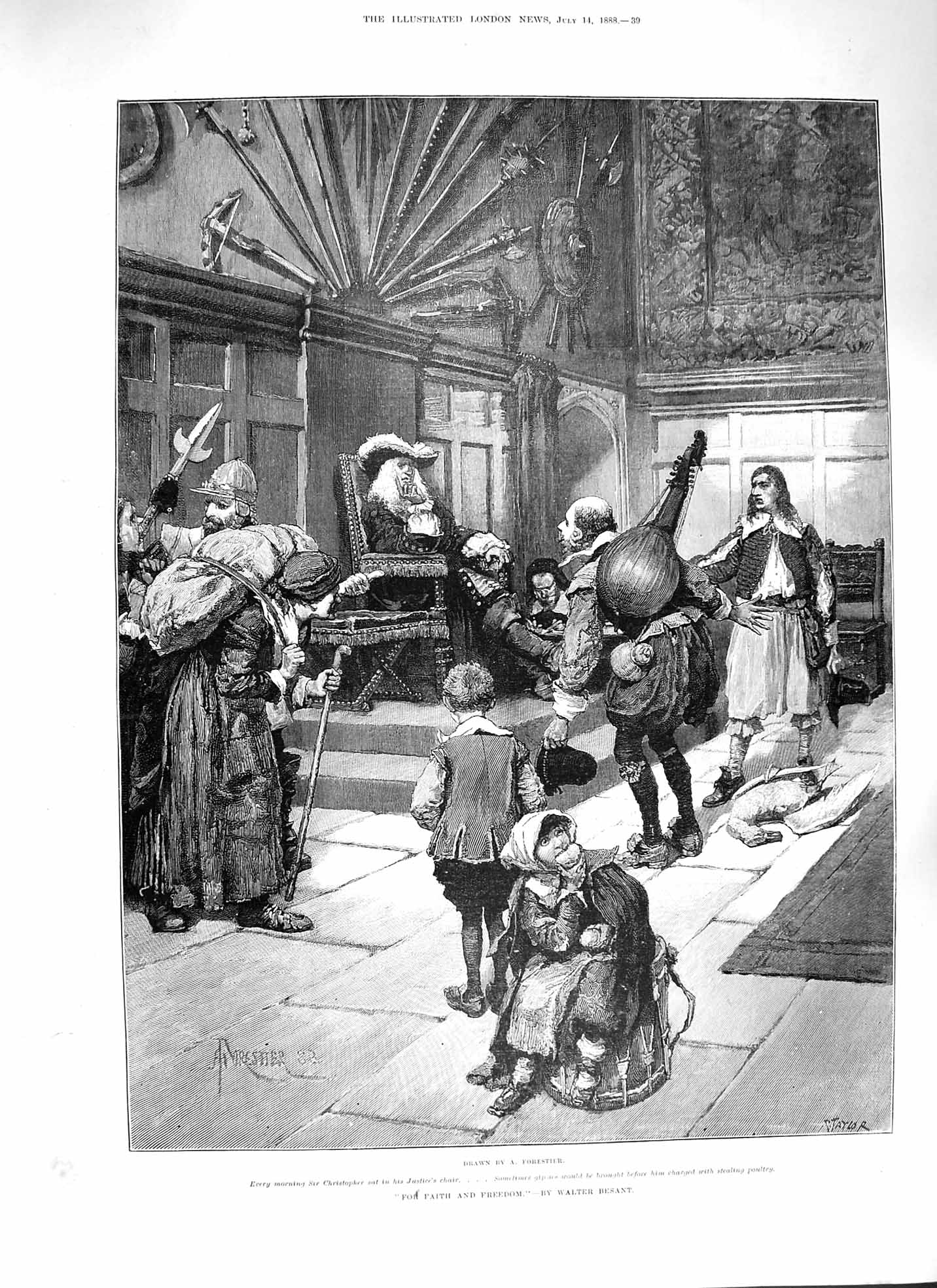 Old Antique Print 1888 Faith And Freedom Christopher Justice Chair Birds 19th