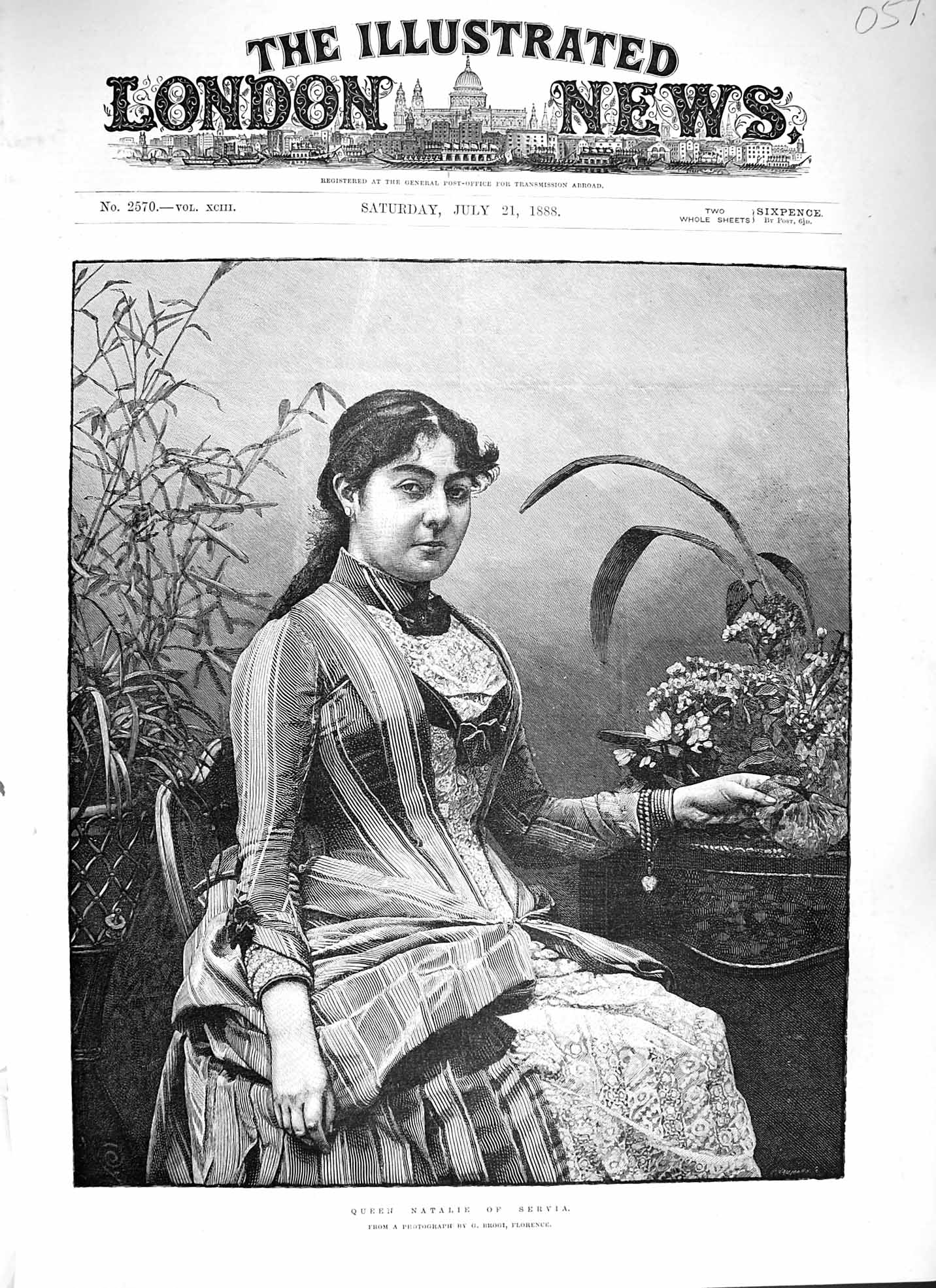 Original Old Antique Print 1888 Portrait Queen Natalie Servia Flowers Victorian