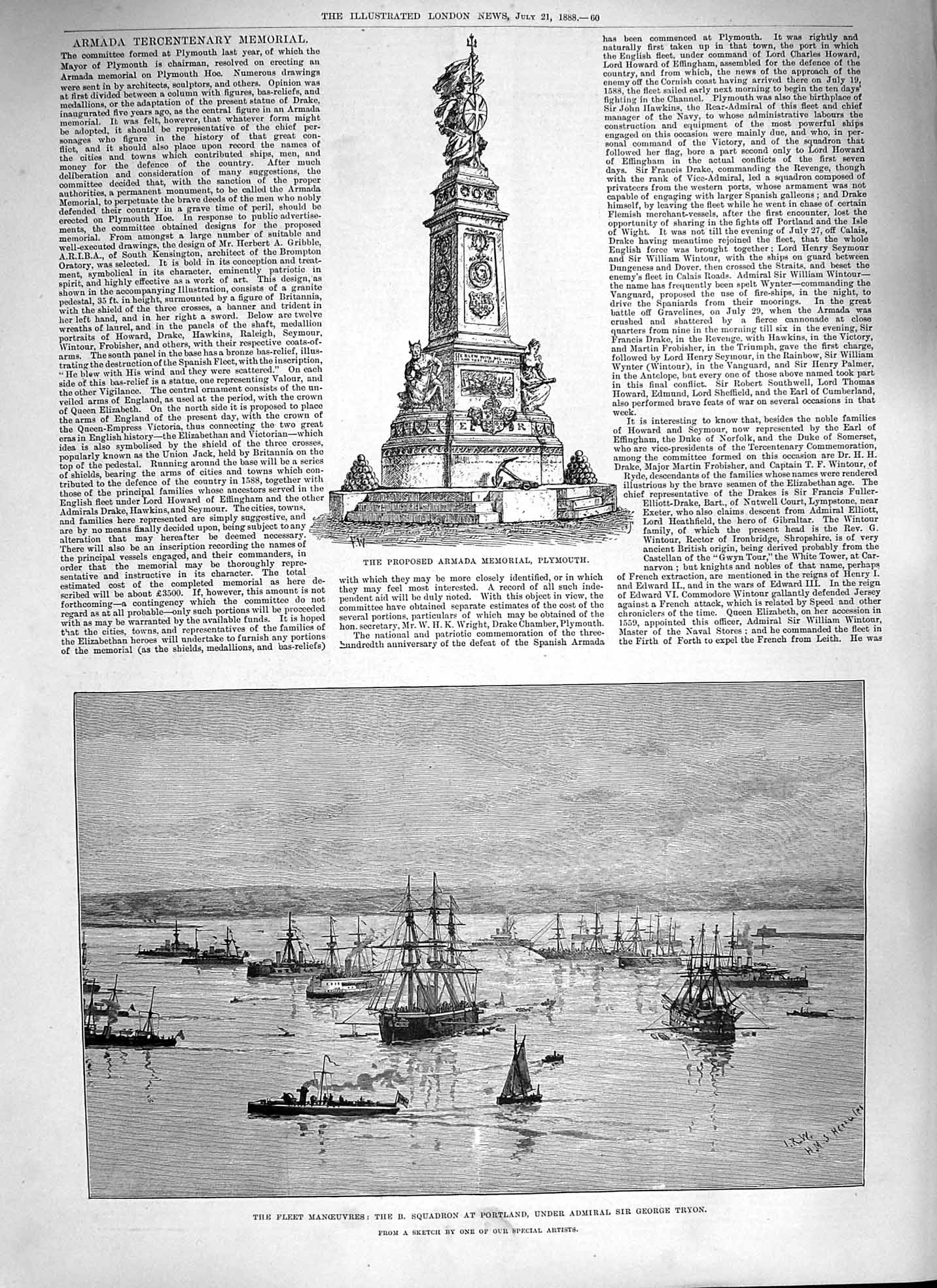 Original Old Antique Print 1888 Ships Portland George Tryon Armada Plymouth