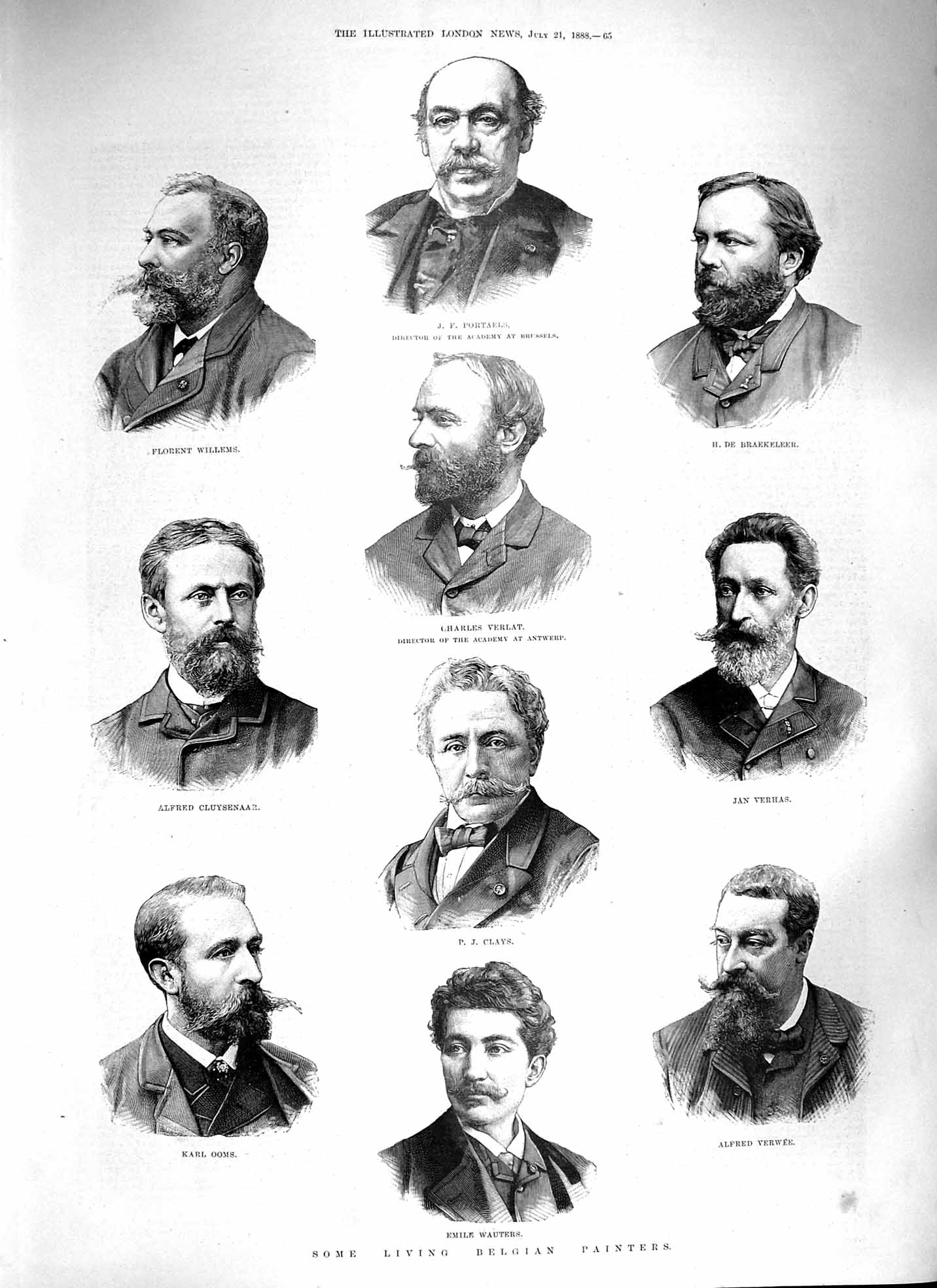 Original Old Antique Print 1888 Blegian Painters Wauters Verlat Verwee Clays