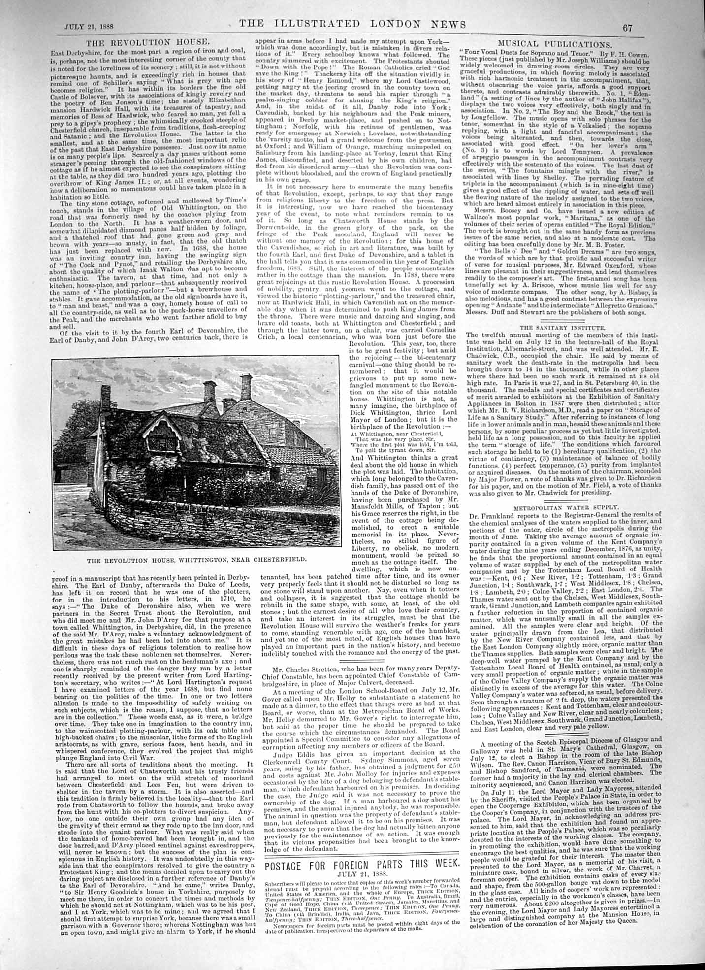 Original Old Antique Print 1888 Revolution House Whittington Chesterfield 19th