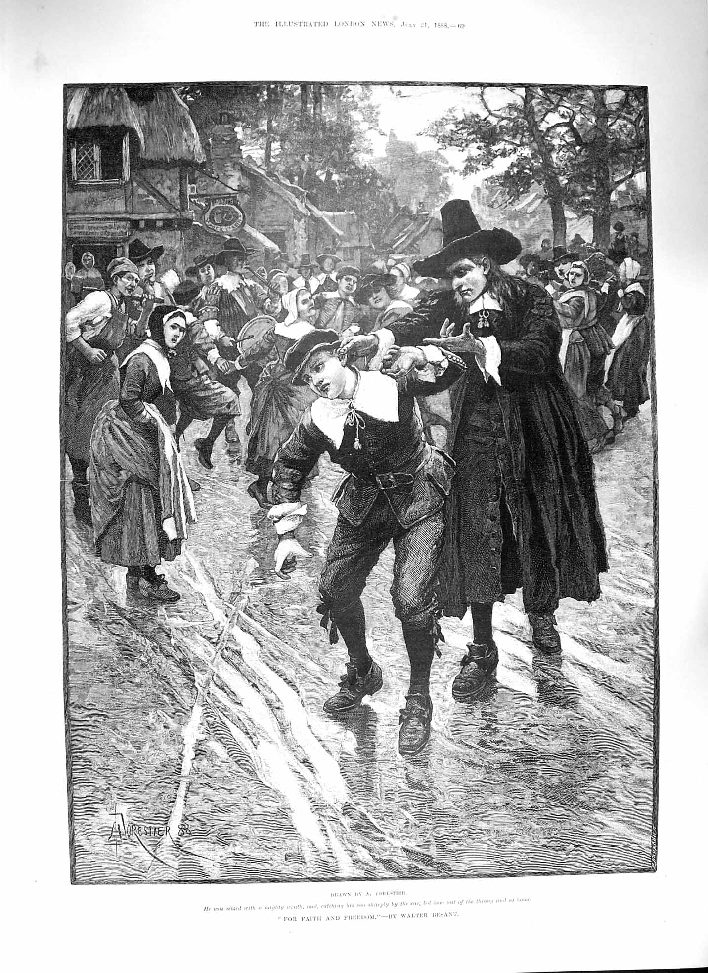 Original Old Antique Print 1888 Faith And Freedom Young Boy Pulled Ear Men 19th