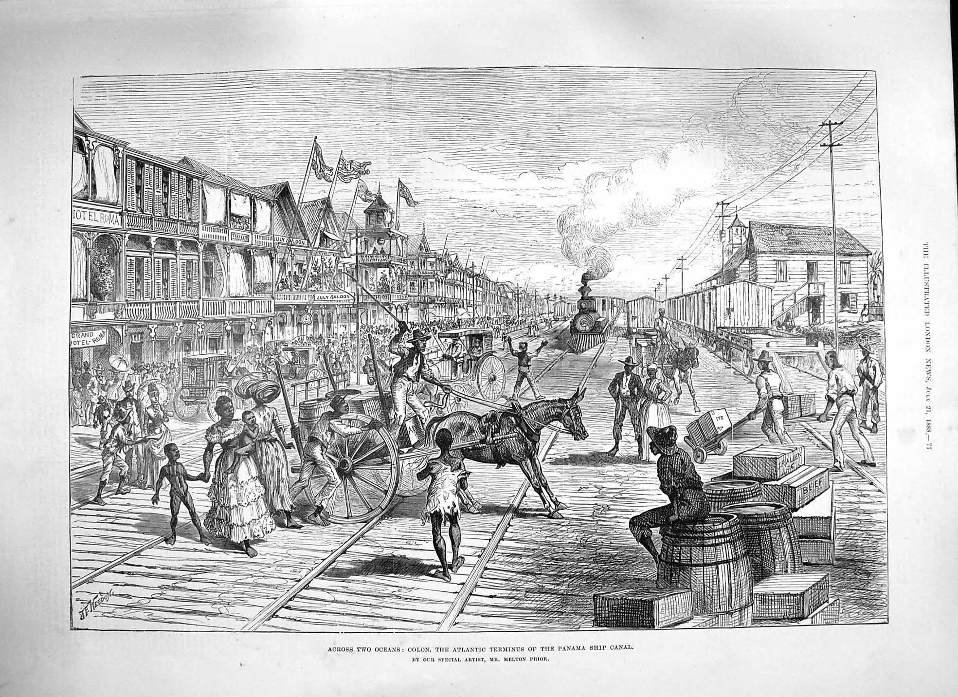 Original Old Antique Print 1888 Colon Atlantic Terminus Panama Ship Canal 19th