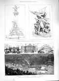 Original Old Antique Print 1888 Monument Gambetta Carrousel Park Bedford River