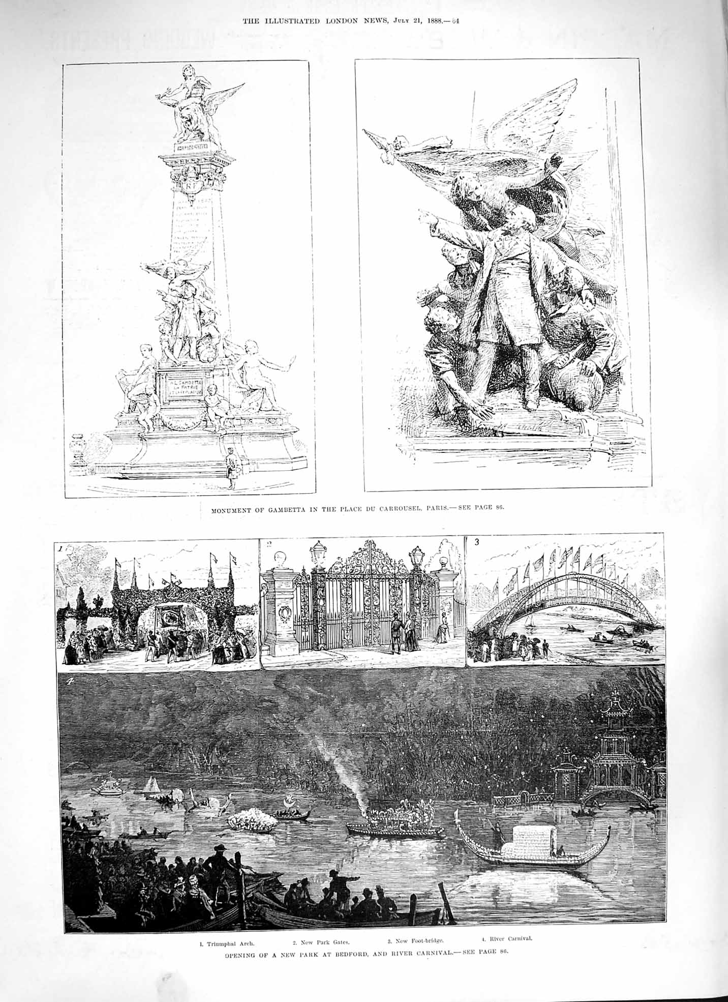 Original Old Antique Print 1888 Monument Gambetta Carrousel Park Bedford River