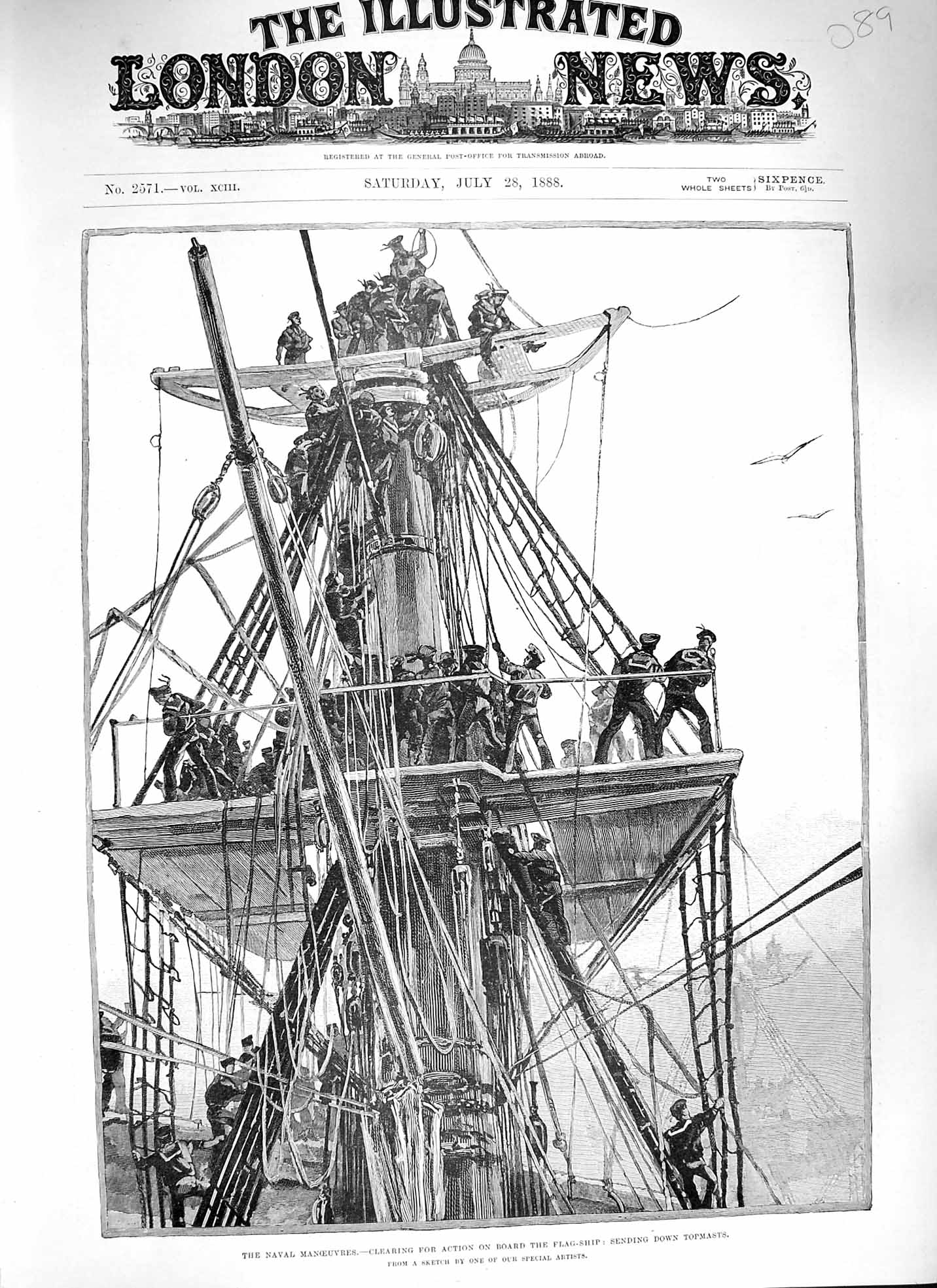 Original Old Antique Print 1888 Navy Clearing Action Flag Ship Topmasts Sailors