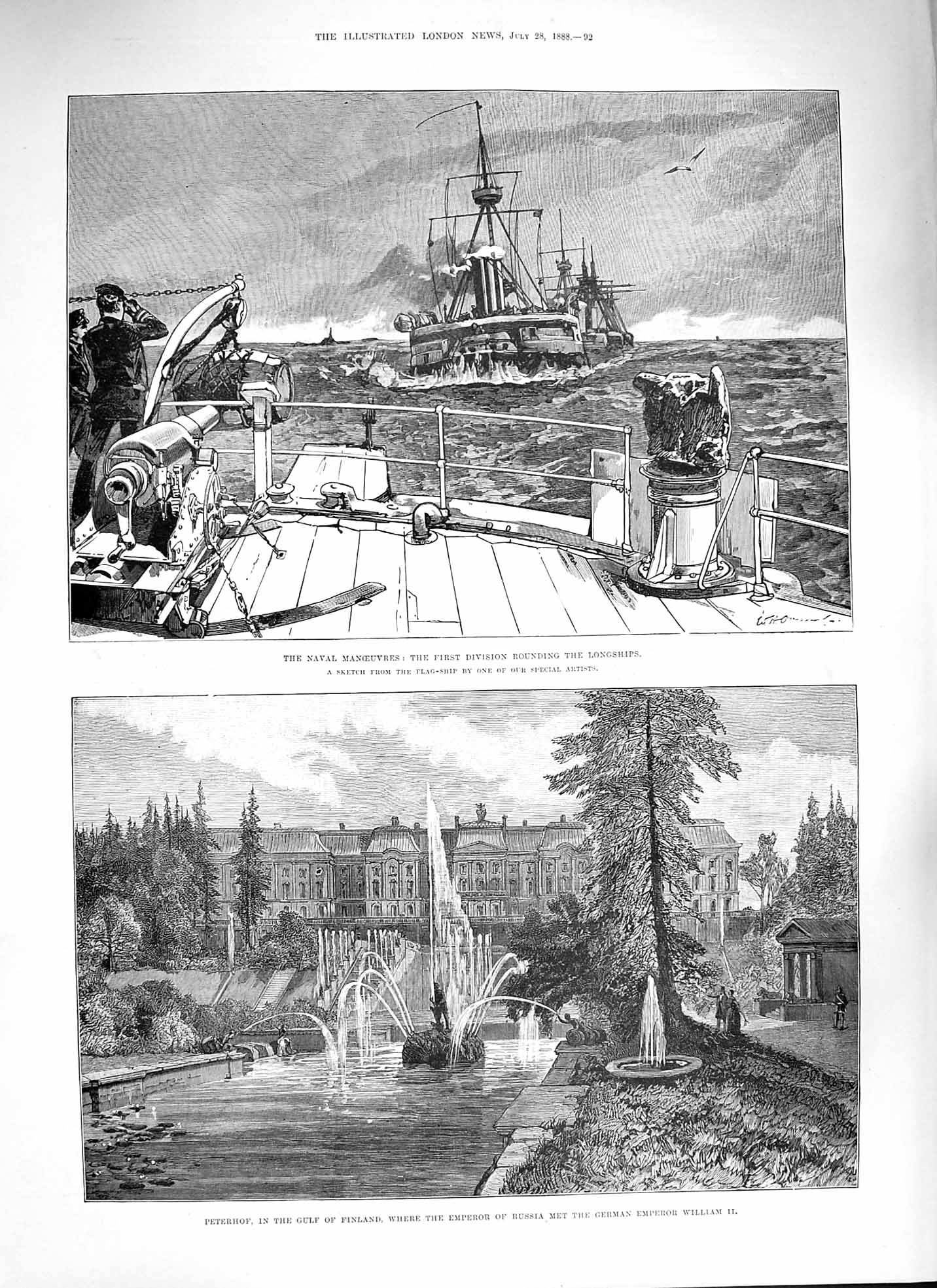 Original Old Antique Print 1888 Peterhgulf Finland Emperor Russia Navy Longship