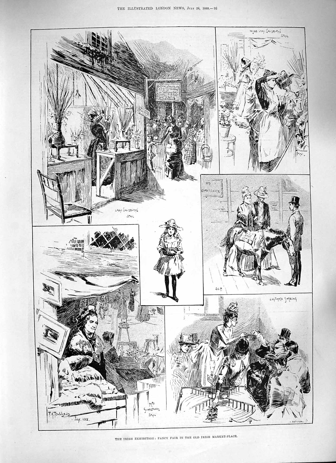 Original Old Antique Print 1888 Ireland Fancy Fair Irish Market Place Gambling