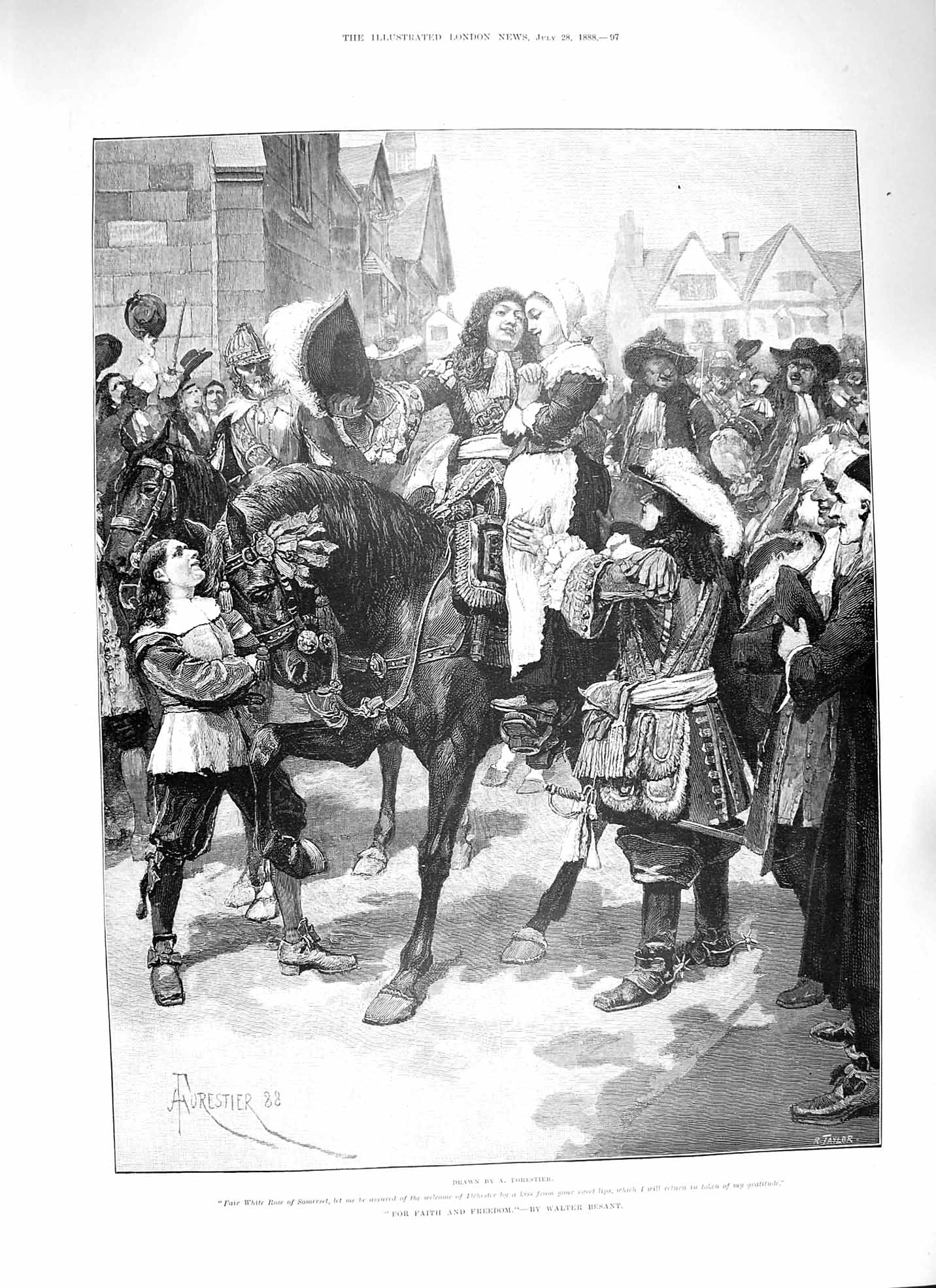 Original Old Antique Print 1888 Faith And Freedom Lady Man Horse Romance Besant