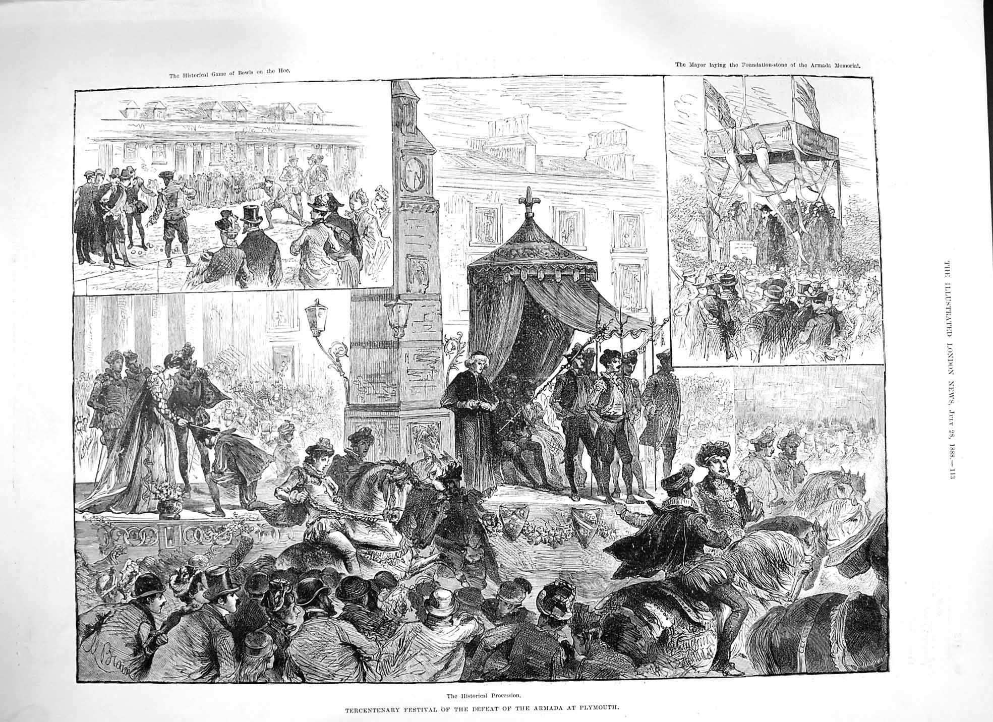Original Old Antique Print 1888 Tercentenary Festival Defeat Armada Plymouth