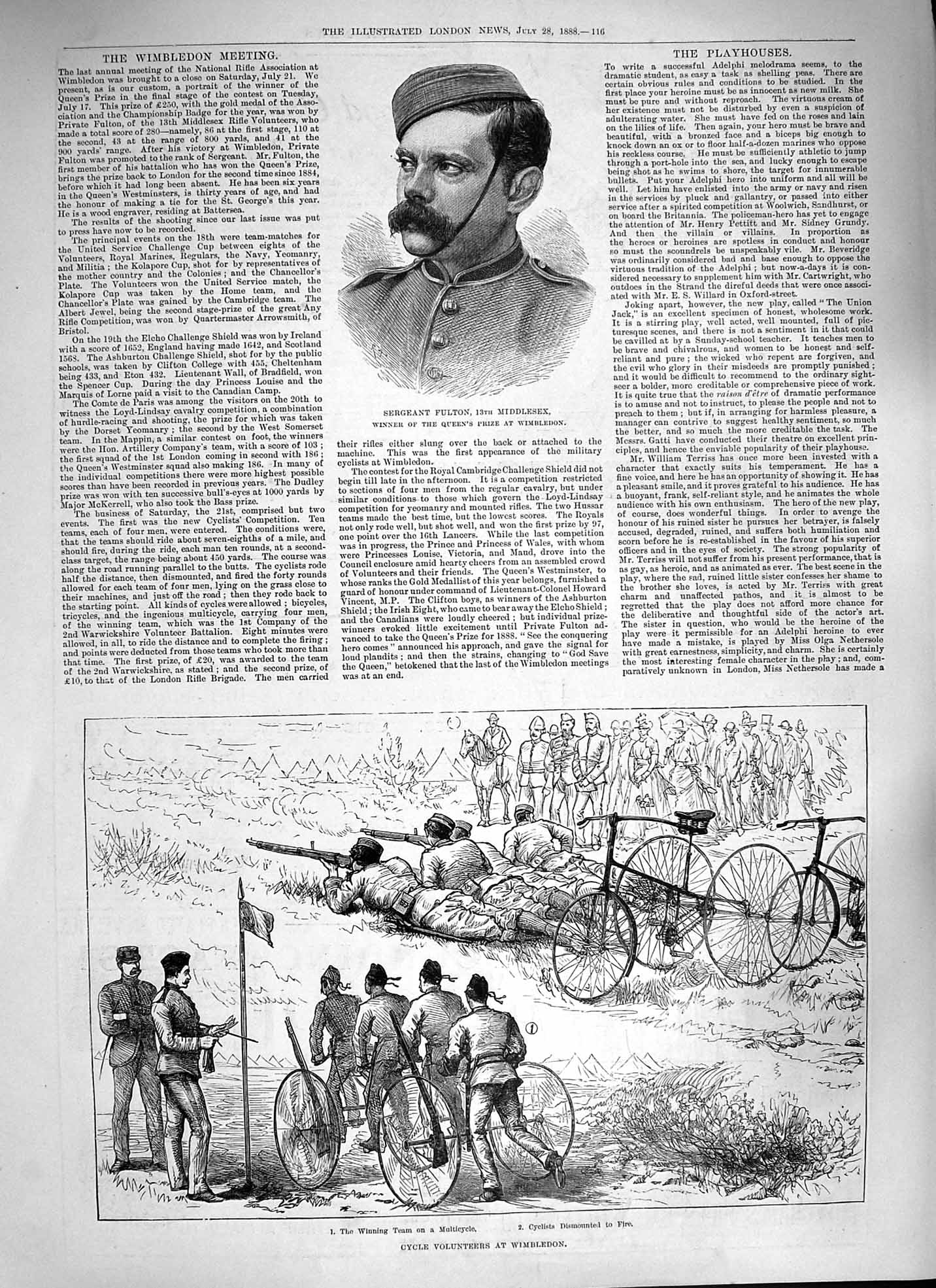 Original Old Antique Print 1888 Sergeant Fulton Cycle Volunteers Wimbeldon 19th
