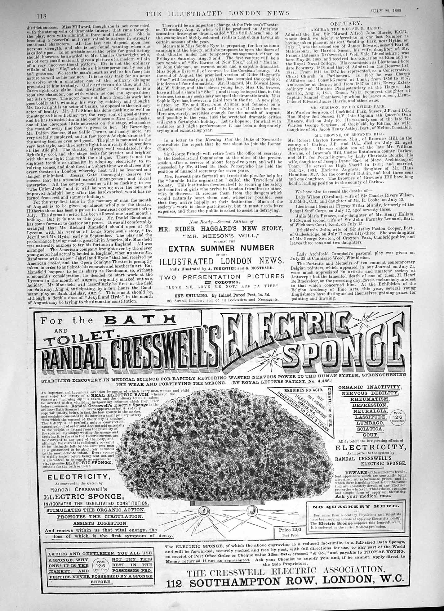 Original Old Antique Print 1888 Advertisement Randal Cresswells Electric Sponge