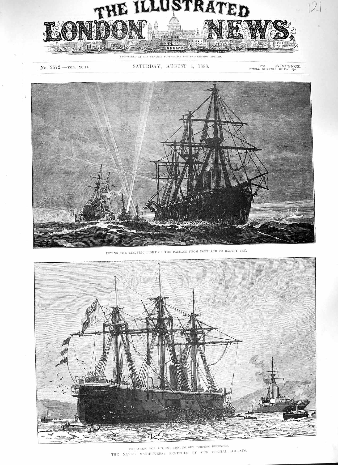 Old Antique Print 1888 Electric Light Ships Portland Bantry Torpedo Navy 19th