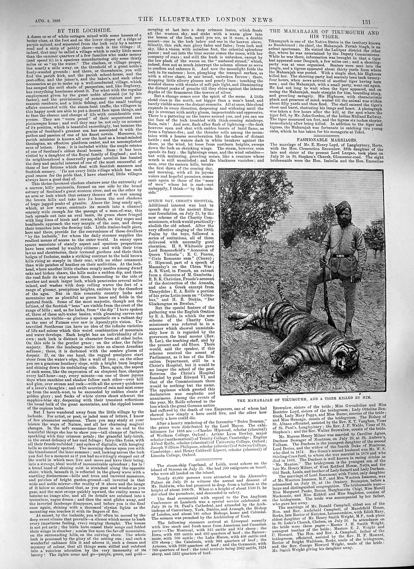 Original Old Antique Print 1888 Maharajah Tikumgurh Dead Tiger Shooting 19th