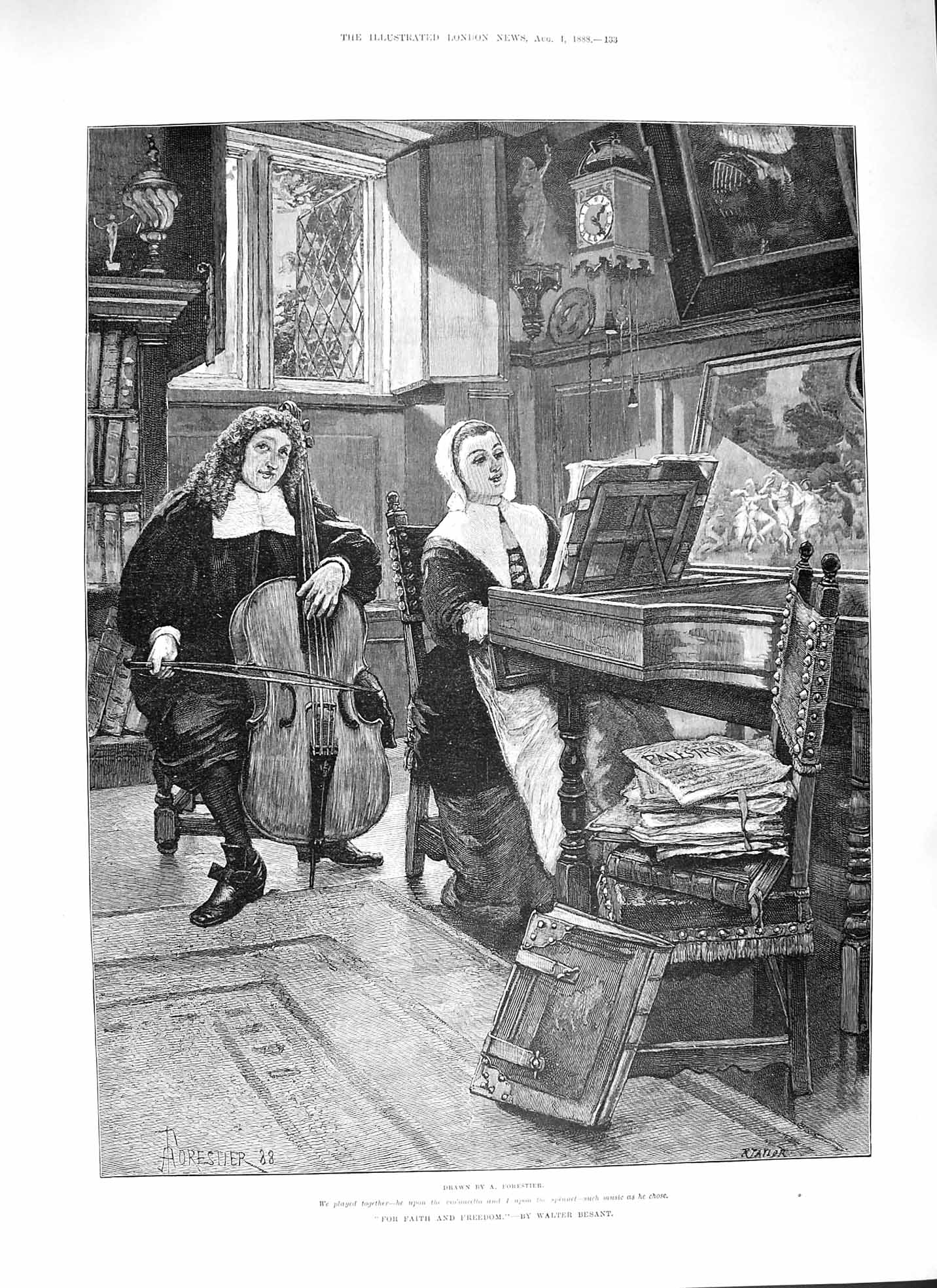 Original Old Antique Print 1888 Faith And Freedom Man Lady Music Paino Besant