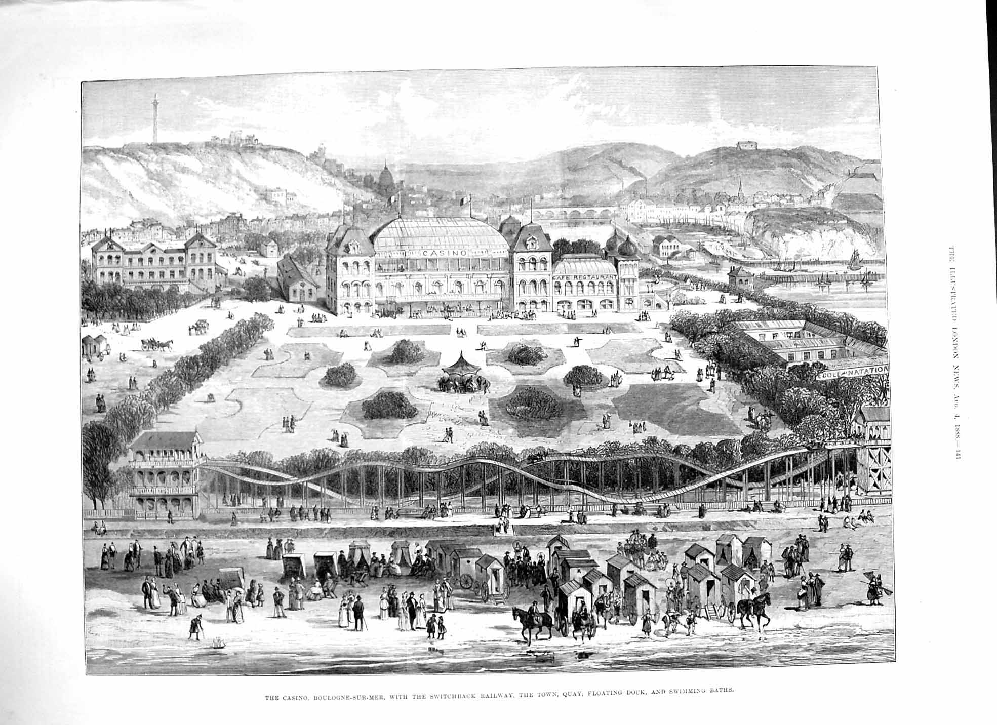 Original Old Antique Print 1888 Casino Boulogne-Sur-Mer Switchback Railway Dock