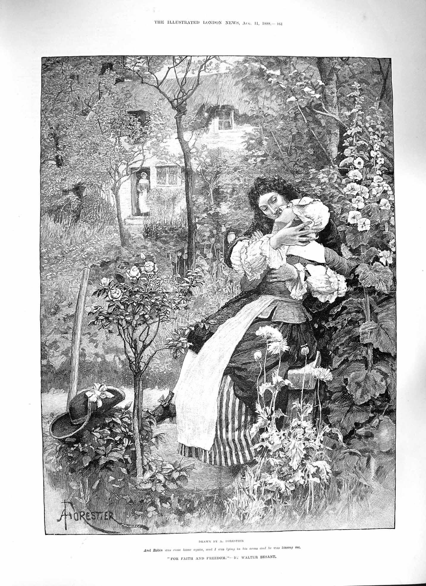 Old Antique Print 1888 Faith And Freedom Lady Man Romance Kissing Garden 19th