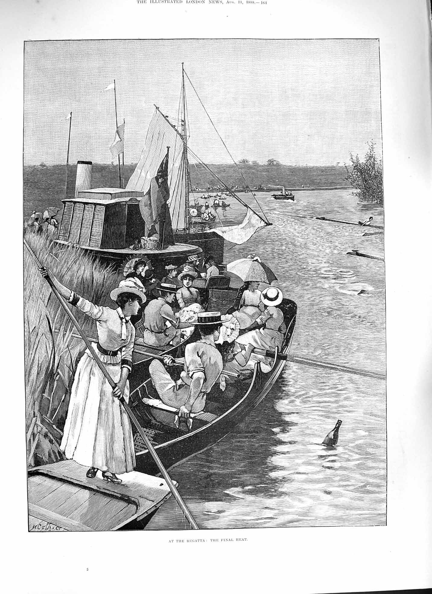 Original Old Antique Print 1888 Regatta River Boat Race Ladies Spectators 19th