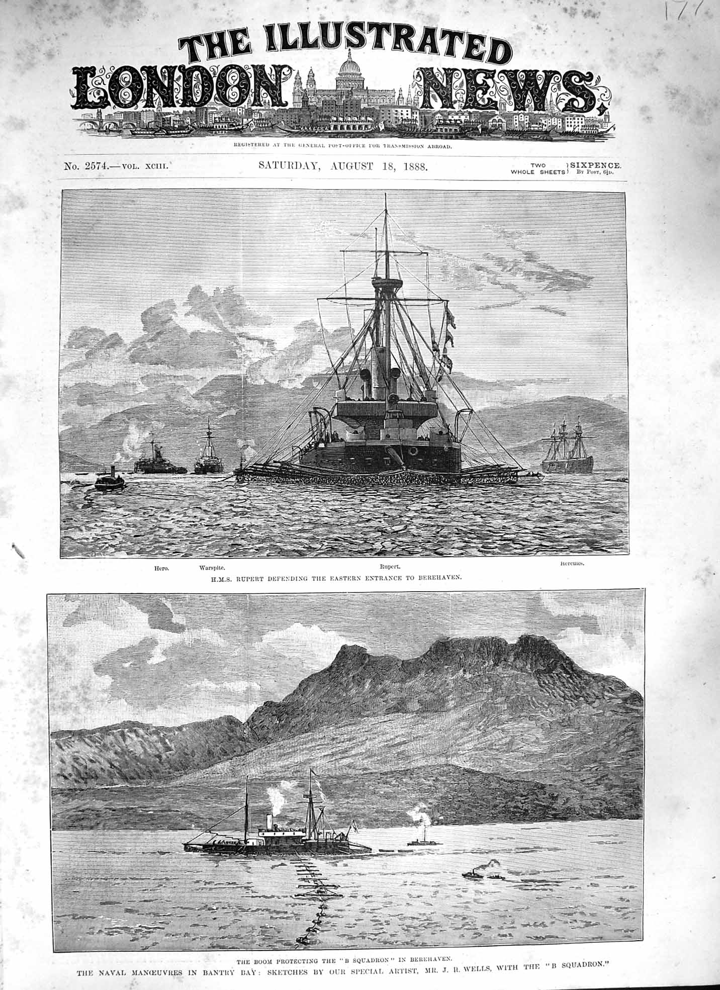 Old Antique Print 1888Ship Rupert Hercules Hero Warspite Berehaven Bantry 19th