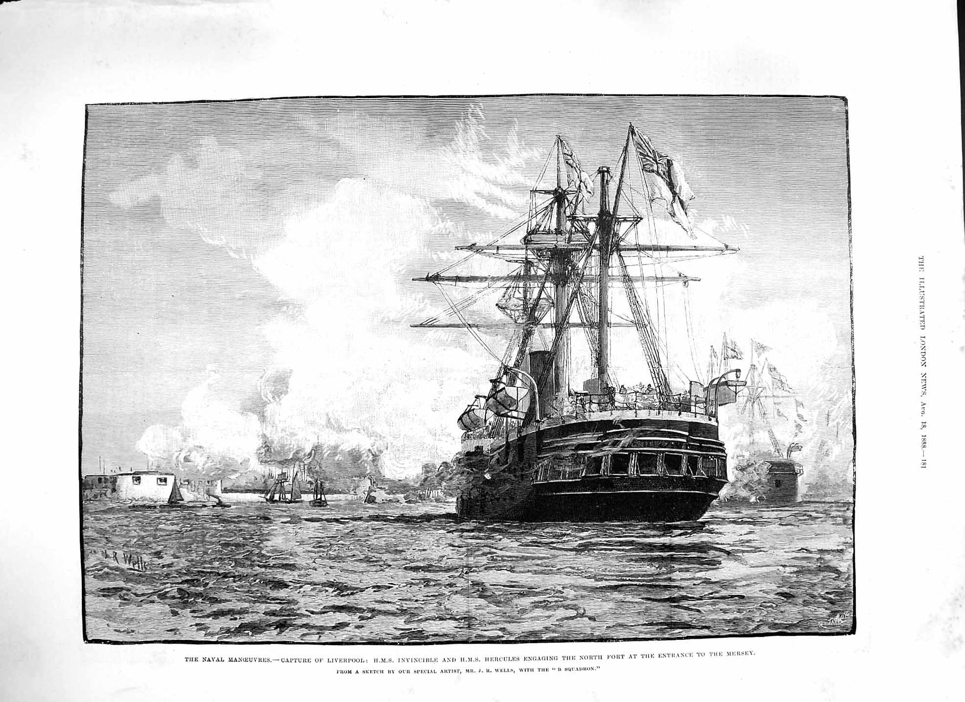 Original Old Antique Print 1888 Navy Ship Liverpool Invincible Hercules Mersey