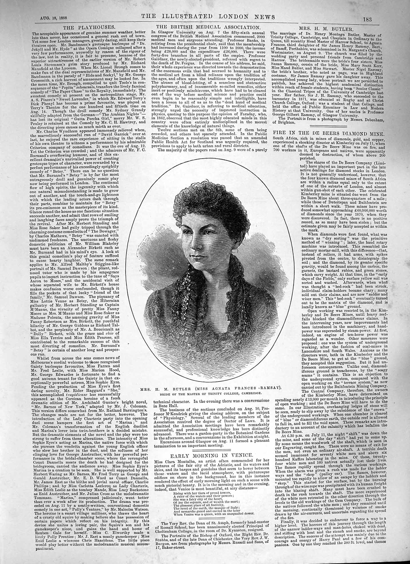 Original Old Antique Print 1888 Butler Agnata Ramsay Diamond Mine Africa Venice