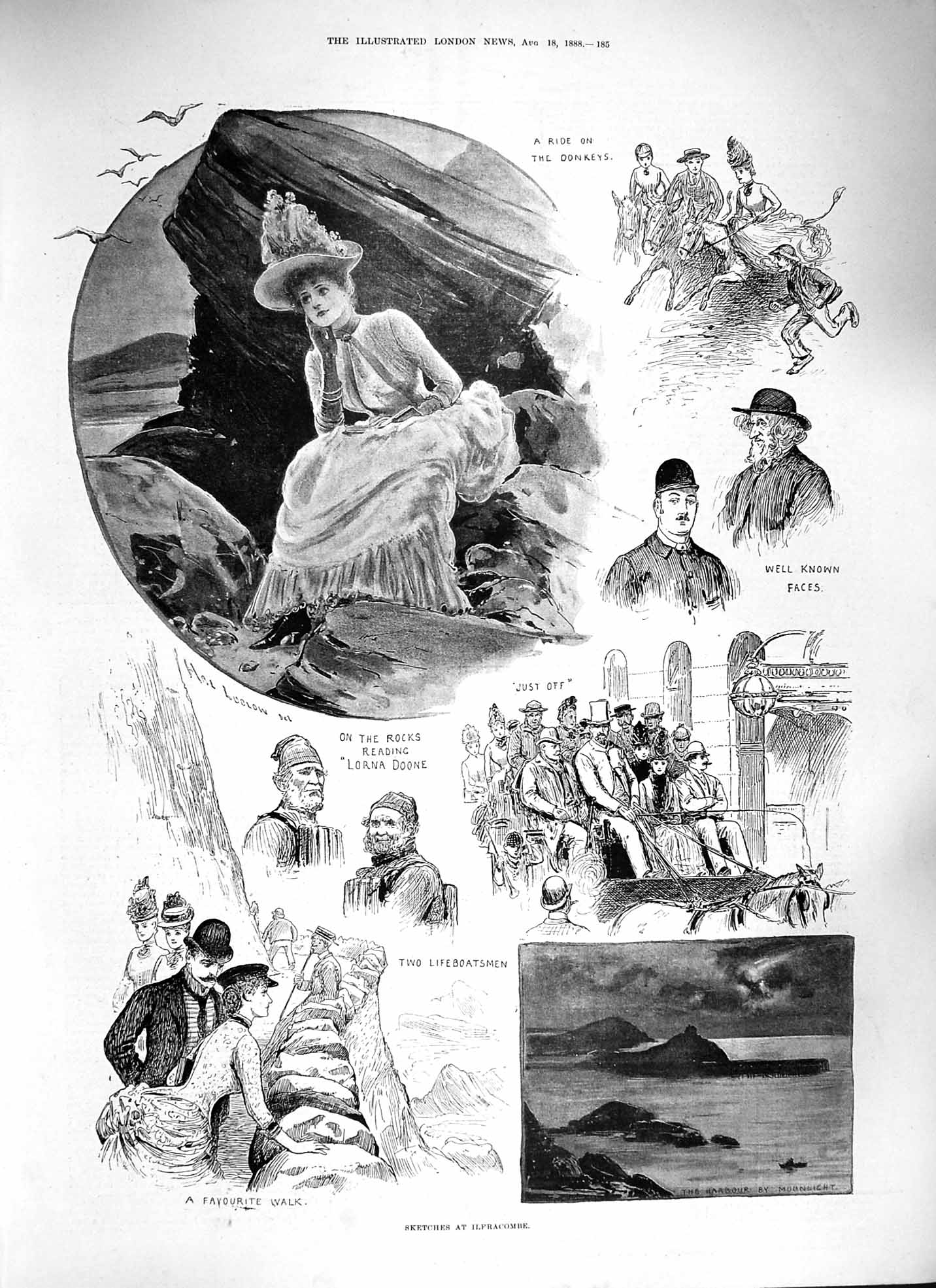 Original Old Antique Print 1888 Ilfracombe Donkeys Harbour Lifeboatsmen Doone