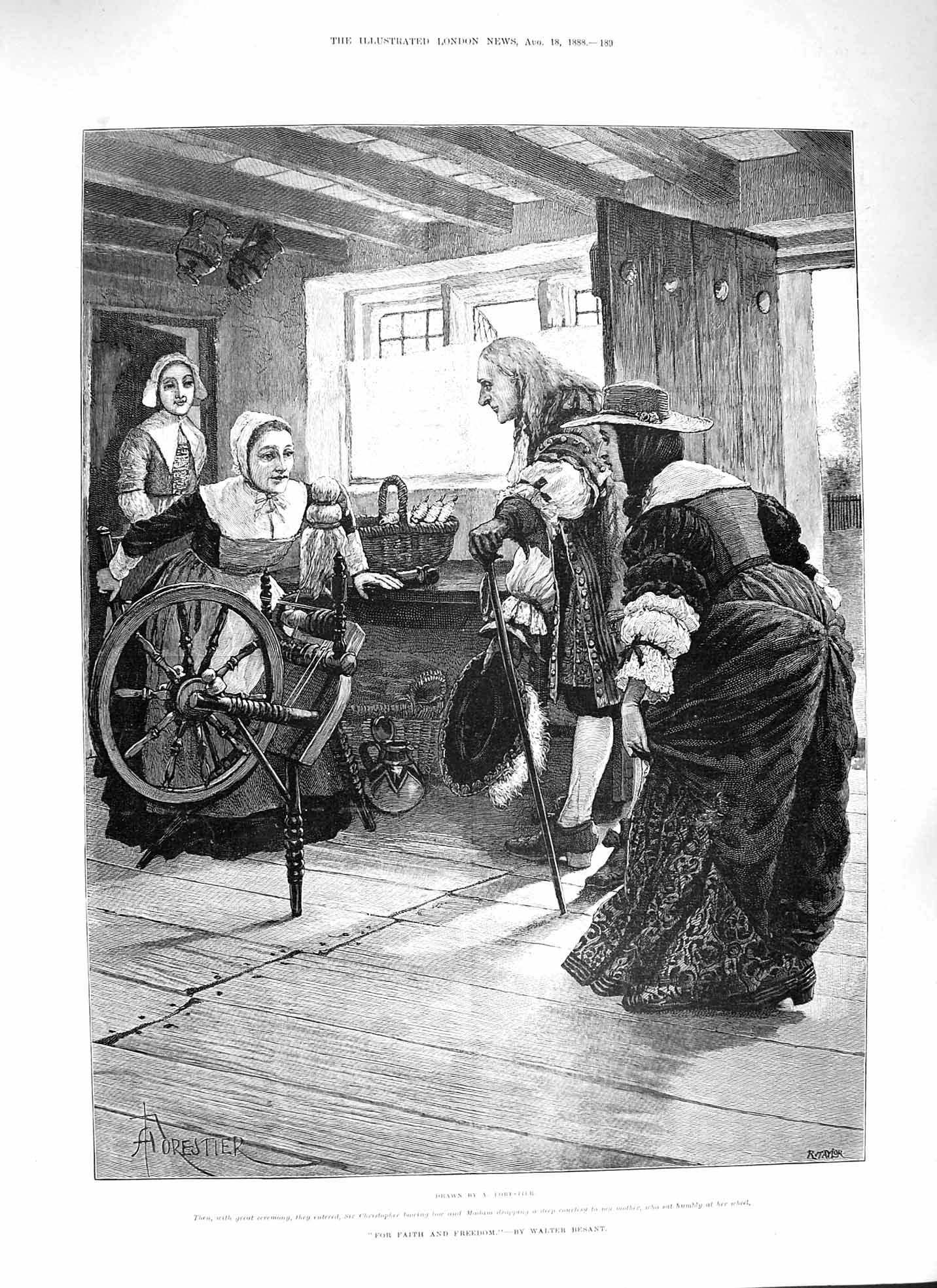 Original Old Antique Print 1888 Faith Freedom Lady Spinning Wheel Man House