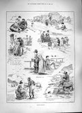 Original Old Antique Print 1888 Seaside Sketches Lady Artist Sand Castles Boat