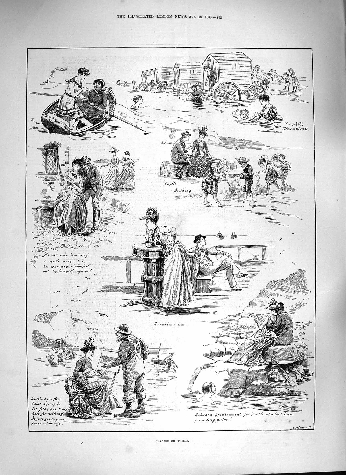 Original Old Antique Print 1888 Seaside Sketches Lady Artist Sand Castles Boat