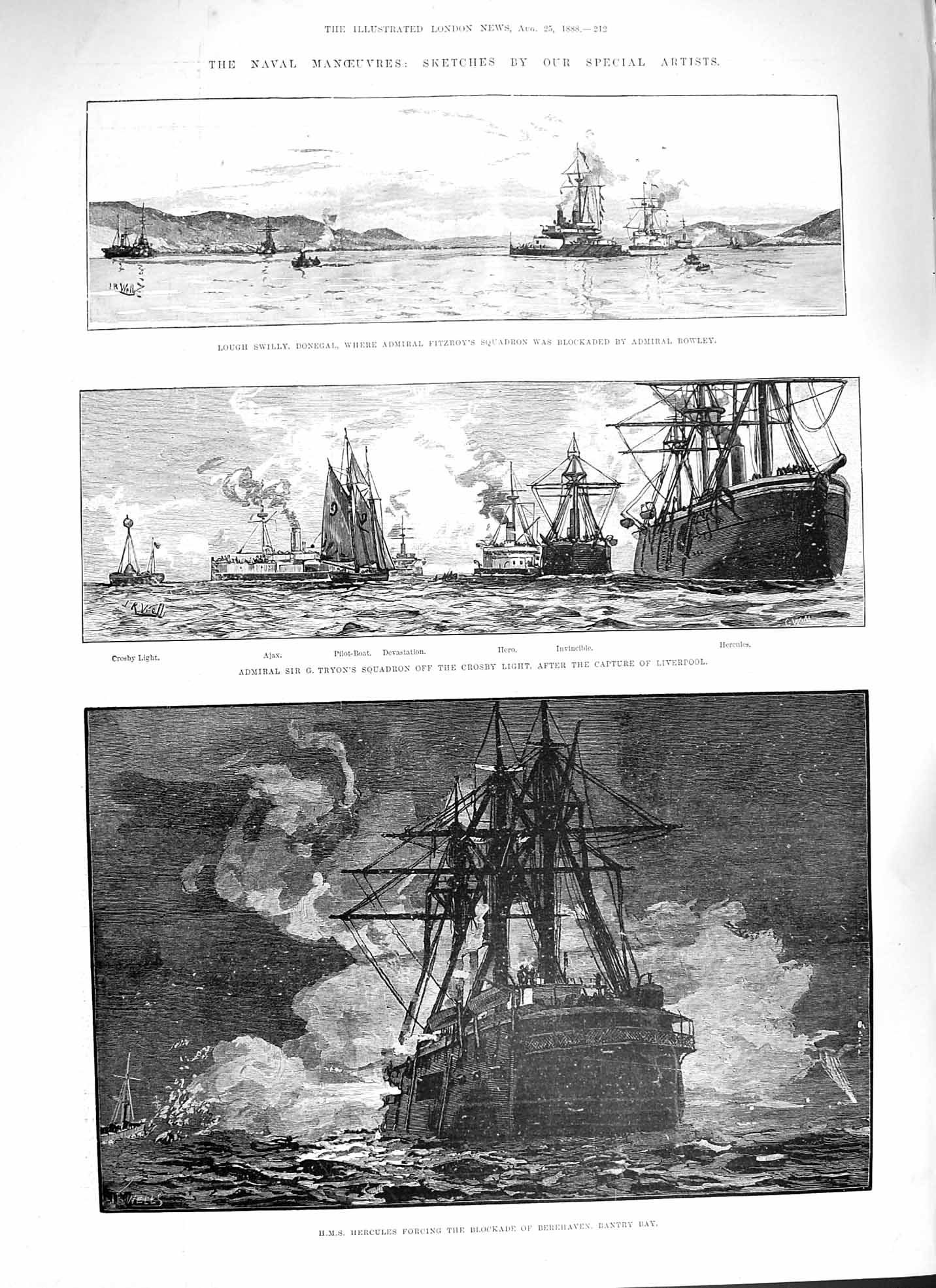 Old Antique Print 1888 Navy Ships Hercules Berehaven Bantry Benbow Active 19th