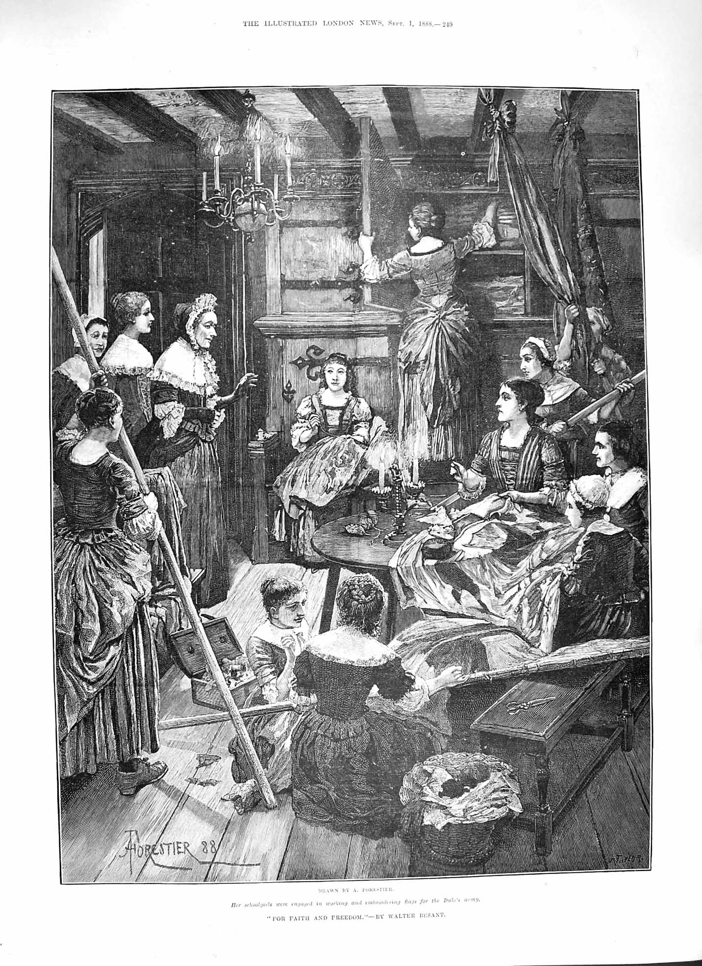 Original Old Antique Print 1888 Faith And Freedom Schoolgirls Embroidery Army