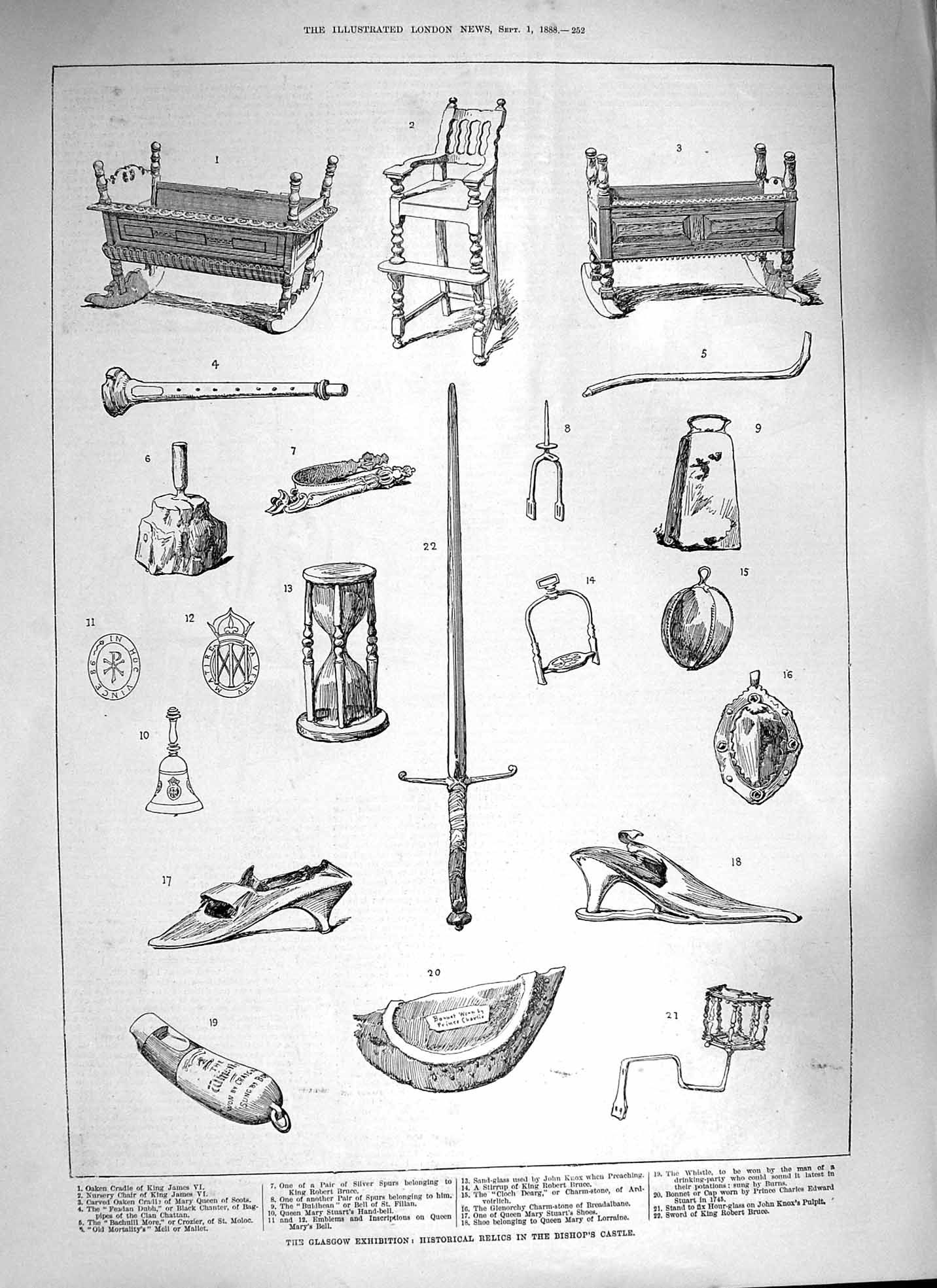 Old Antique Print 1888 Historical Relics Bishop'S Castle Glasgow Diamond 19th