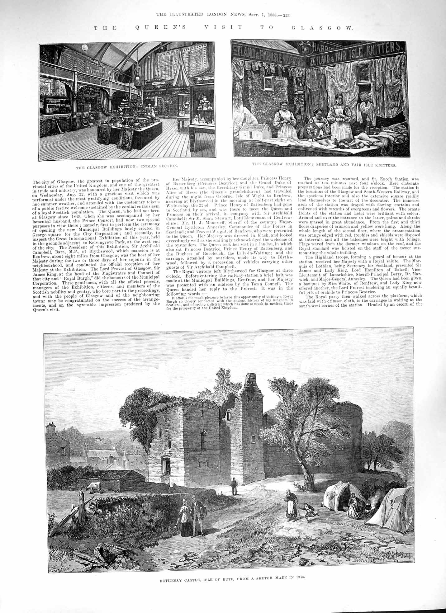 Original Old Antique Print 1888 Rothesay Castle Isle Bute Glasgow Exhibition