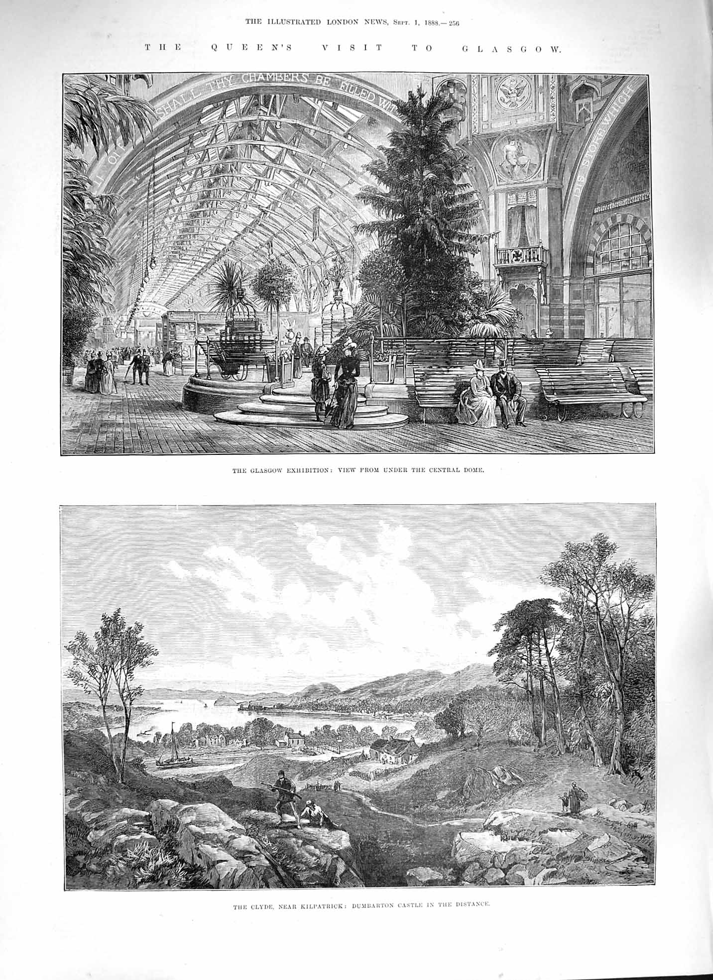 Original Old Antique Print 1888 Queen Glasgow Exhibition Clyde Dumbarton Castle