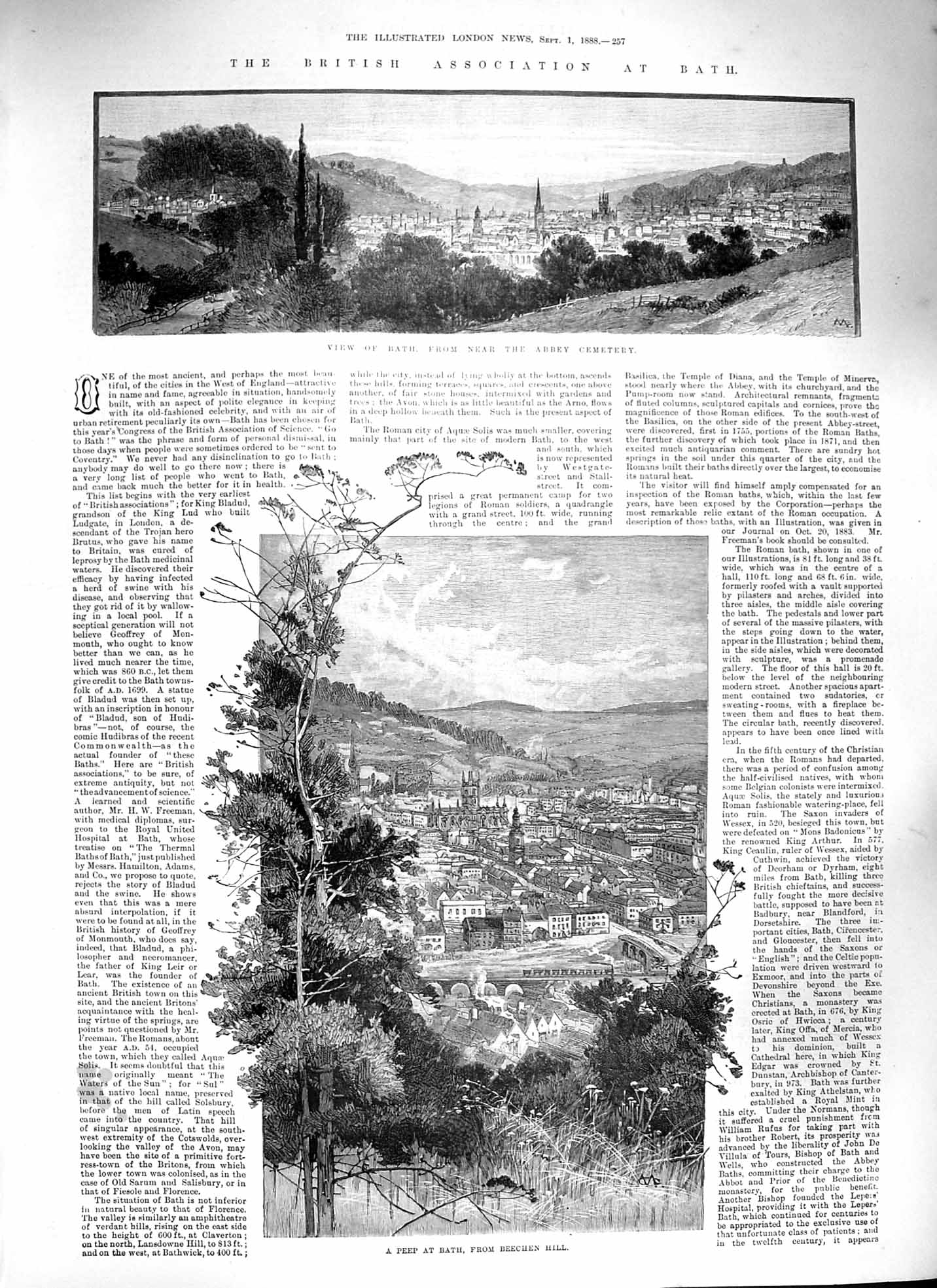 Old Antique Print 1888 Bath Beechen Hill Abbey Church Science Roman Baths 19th